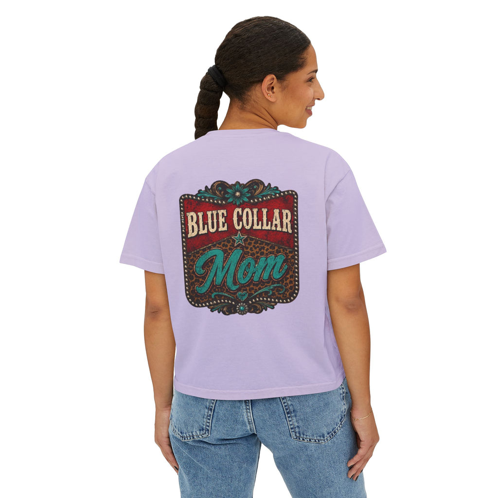 Blue Collar Mom Boxy Tee — Rustic Western Graphic Women’s T‑Shirt