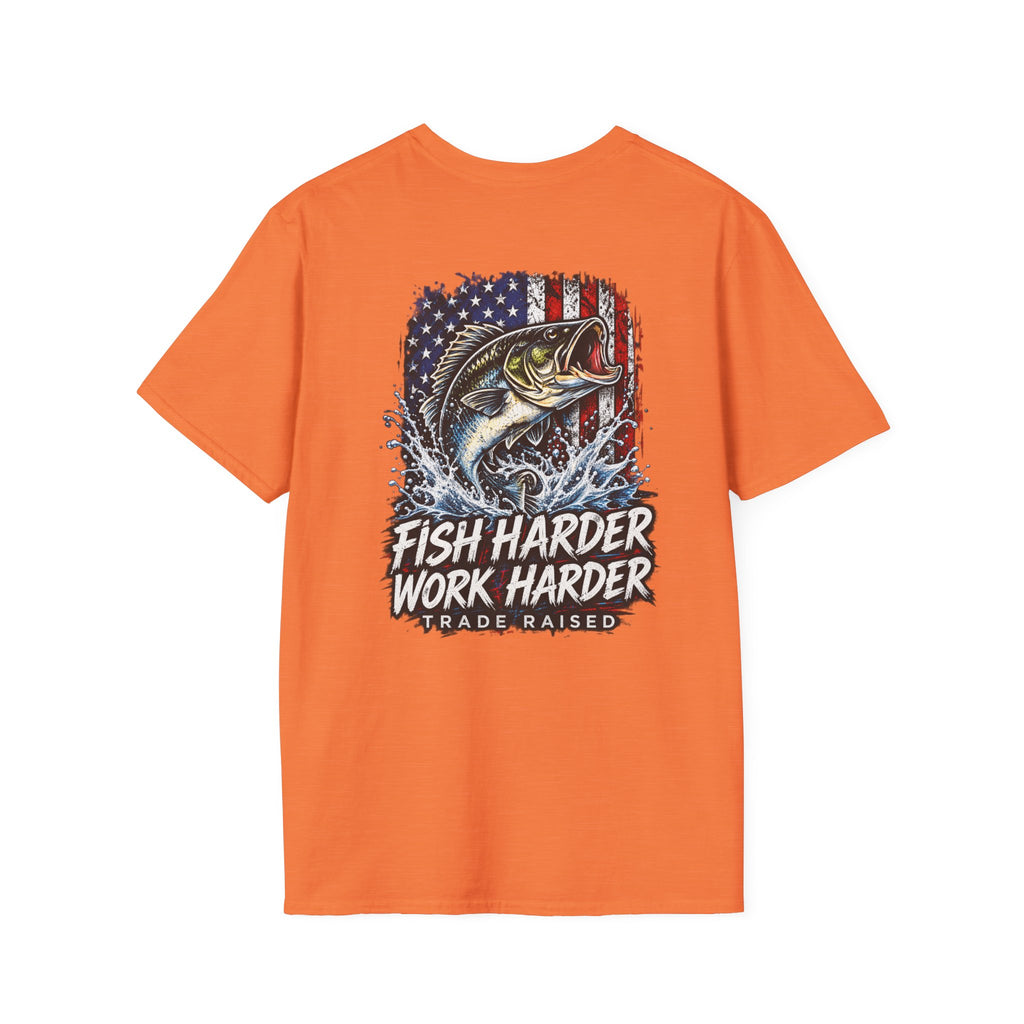 Fish Harder Work Harder T-Shirt — American Flag Bass Fishing Tee