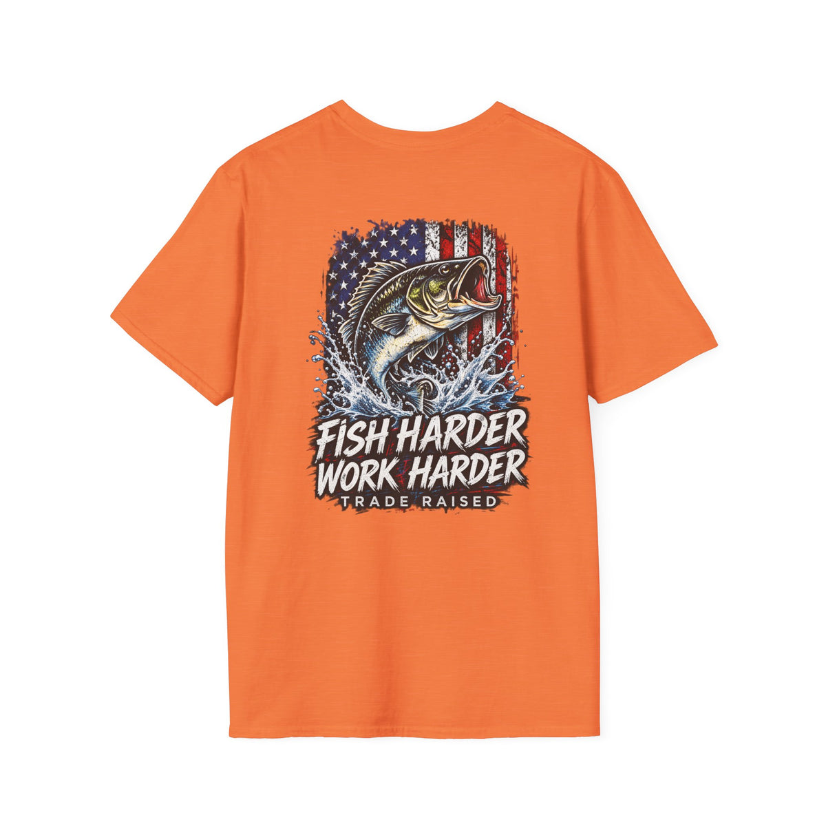 Fish Harder Work Harder T-Shirt — American Flag Bass Fishing Tee