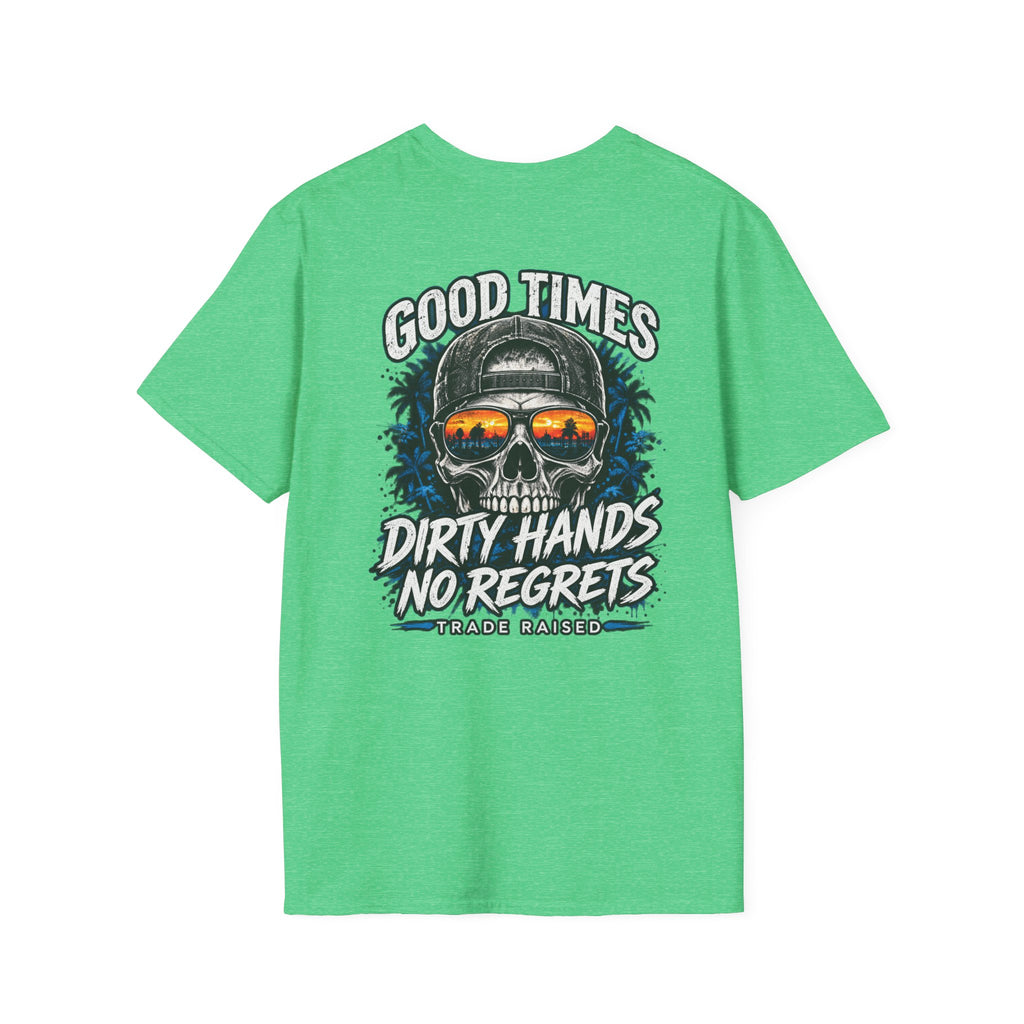 Skull Sunset T-Shirt — "Good Times Dirty Hands No Regrets" Graphic Tee