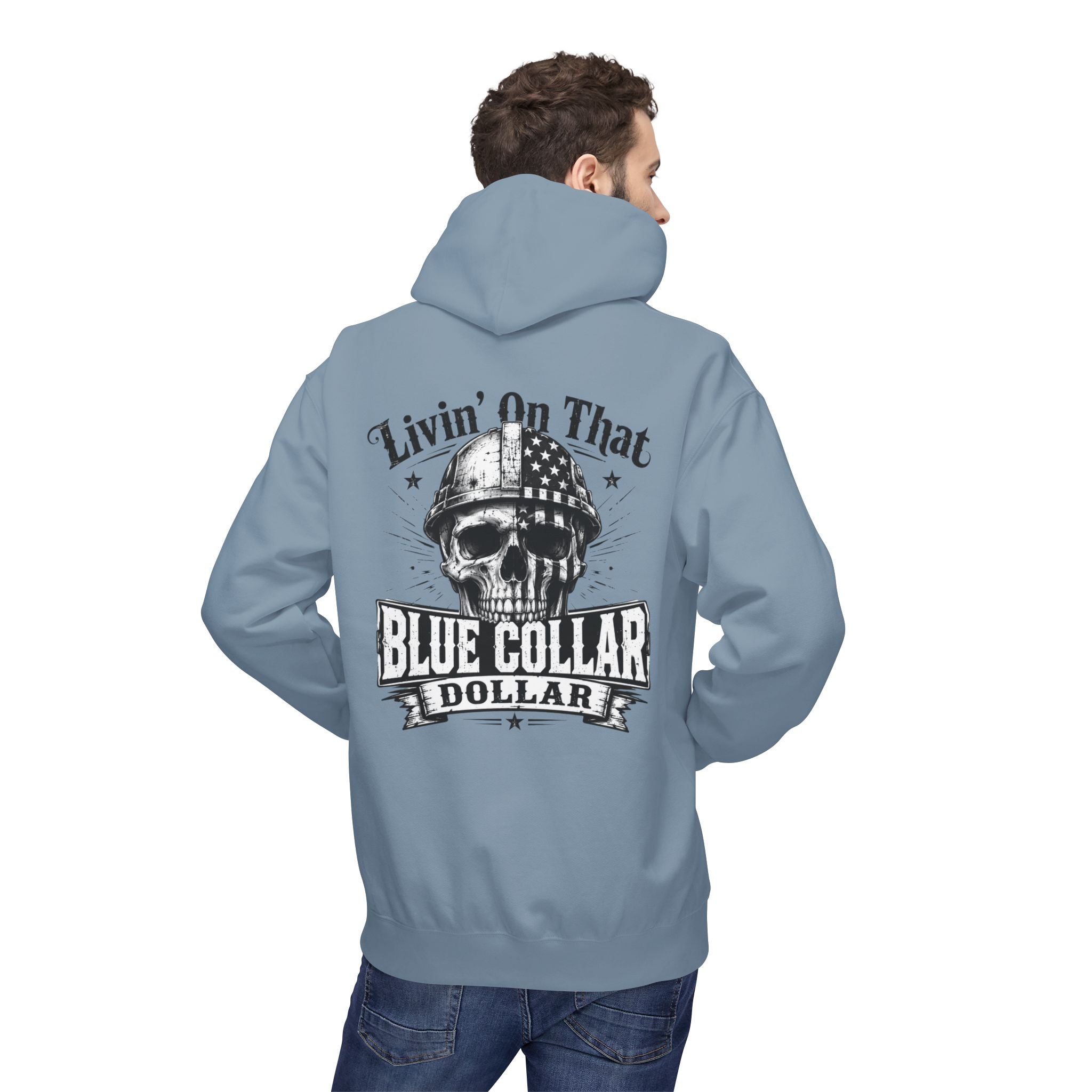 Blue Collar Dollar Hoodie — "Livin' That" Skull Workwear Pullover