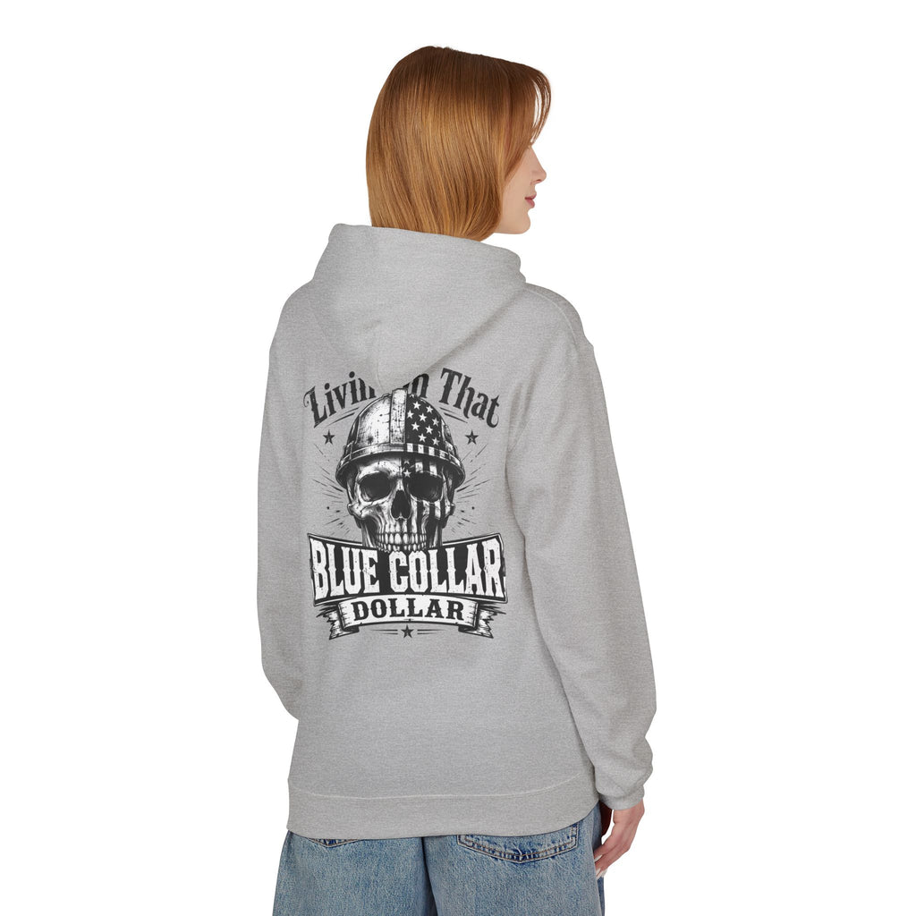 Blue Collar Dollar Hoodie — "Livin' That" Skull Workwear Pullover