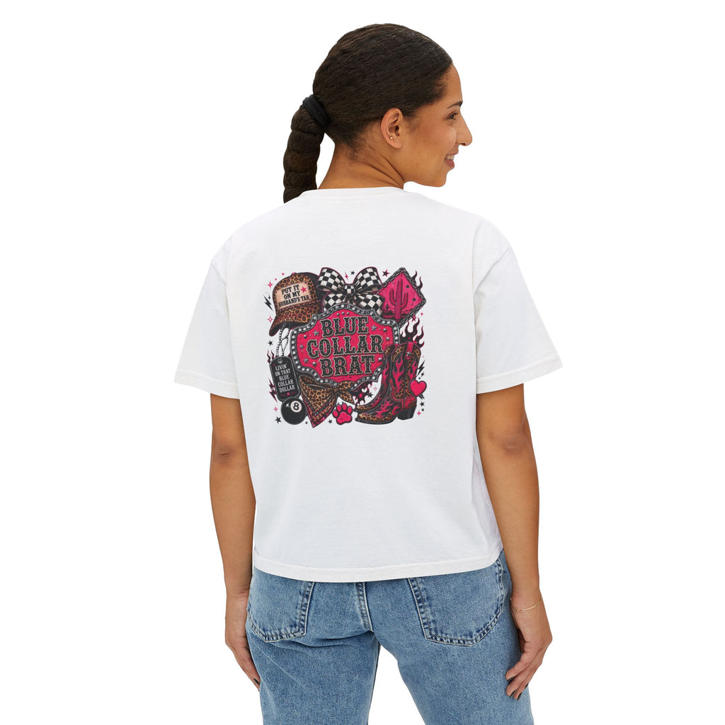 Blue Collar Brat Women's Boxy Tee — Retro Workwear Graphic Crop T-Shirt