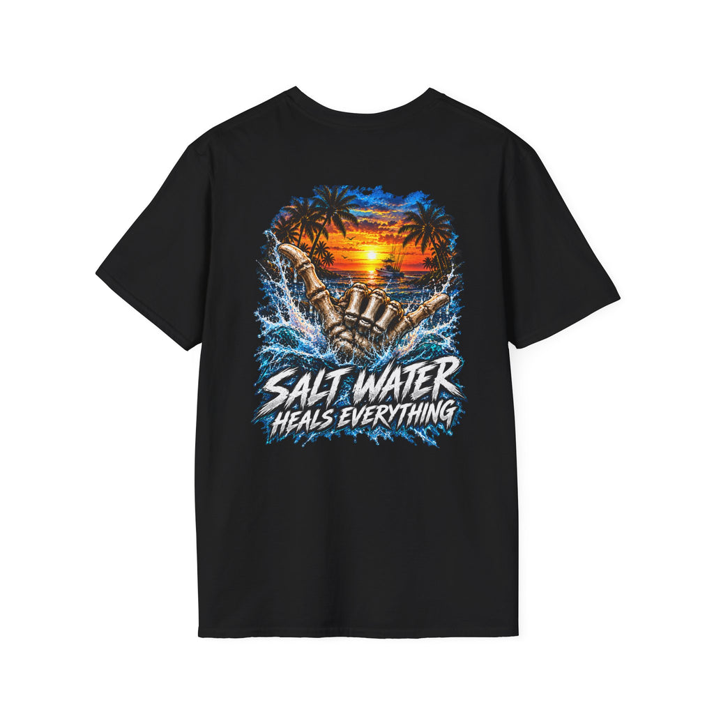 Salt Water Heals Everything T-Shirt — Tropical Sunset Beach Fishing Tee