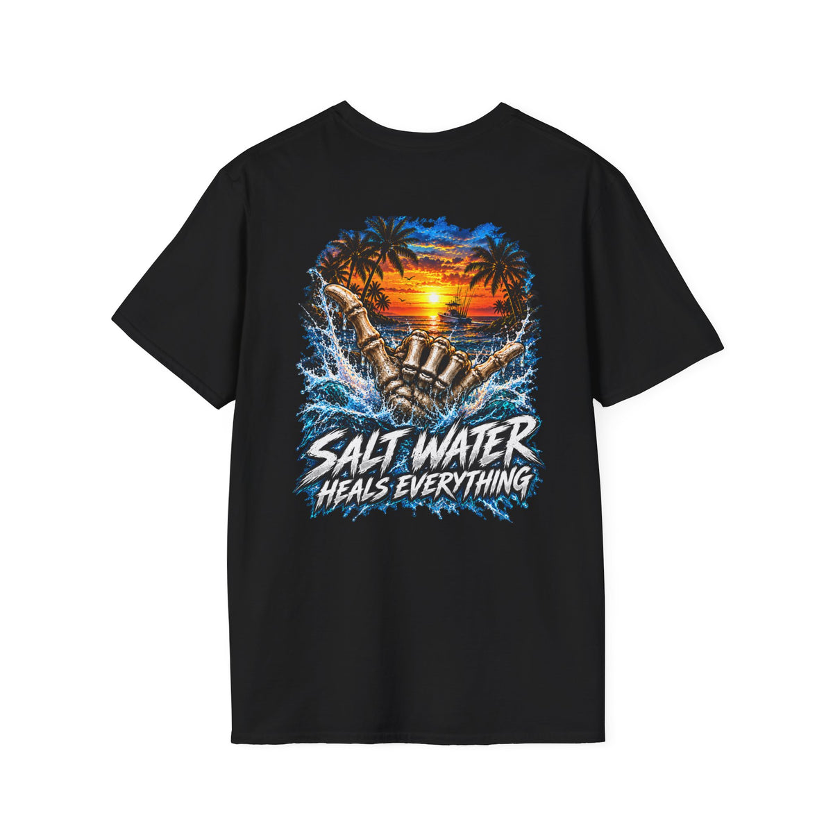 Salt Water Heals Everything T-Shirt — Tropical Sunset Beach Fishing Tee