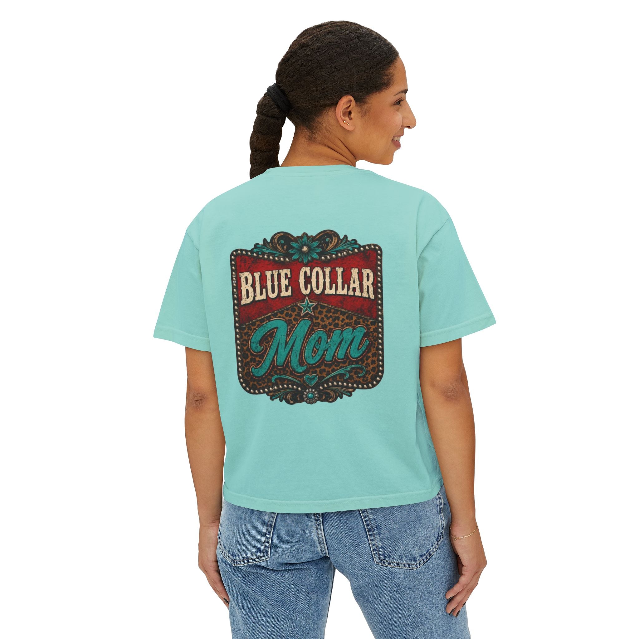 Blue Collar Mom Boxy Tee — Rustic Western Graphic Women’s T‑Shirt