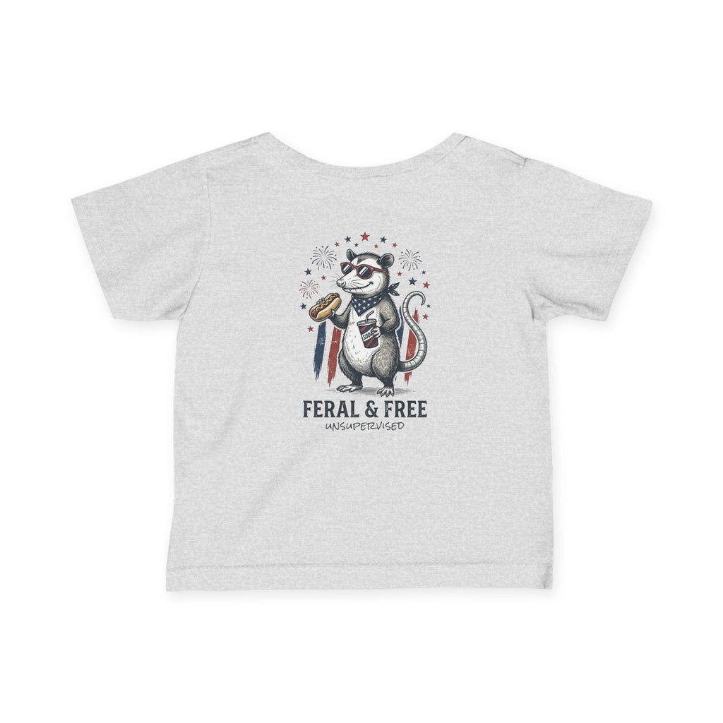 Infant Tee — "Feral & Free" Patriotic Raccoon Baby Shirt