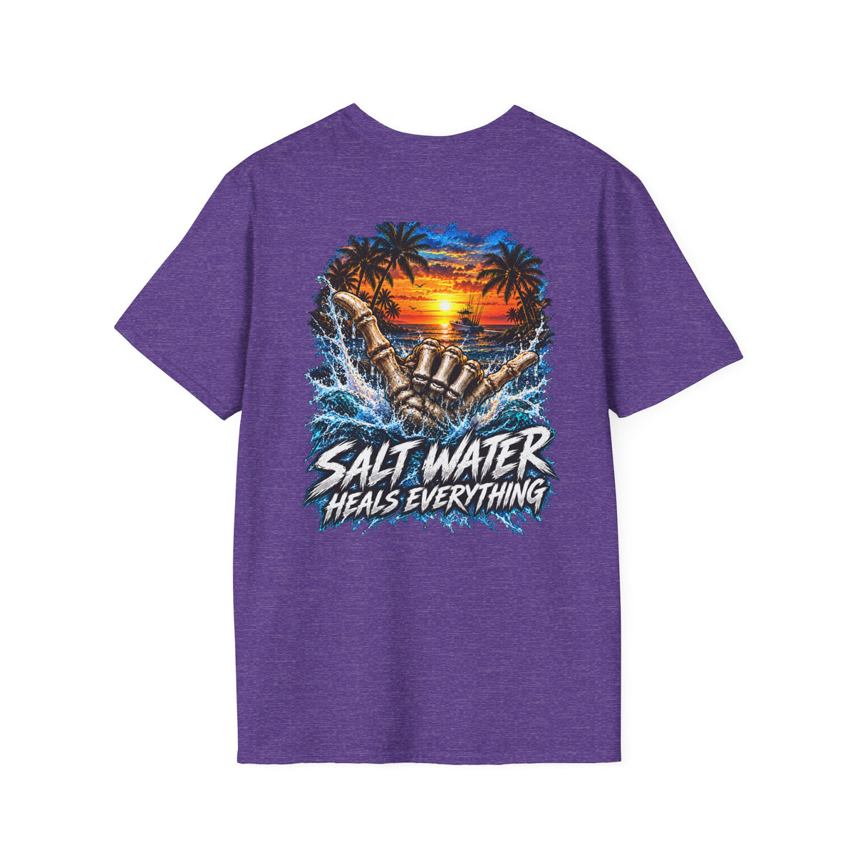 Salt Water Heals Everything T-Shirt — Tropical Sunset Beach Fishing Tee