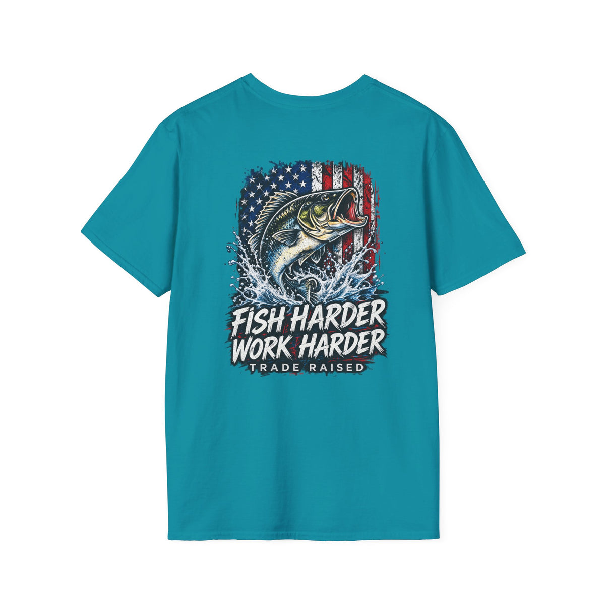 Fish Harder Work Harder T-Shirt — American Flag Bass Fishing Tee