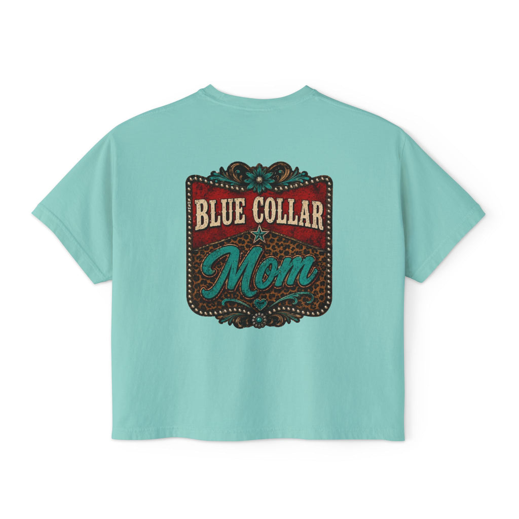 Blue Collar Mom Boxy Tee — Rustic Western Graphic Women’s T‑Shirt