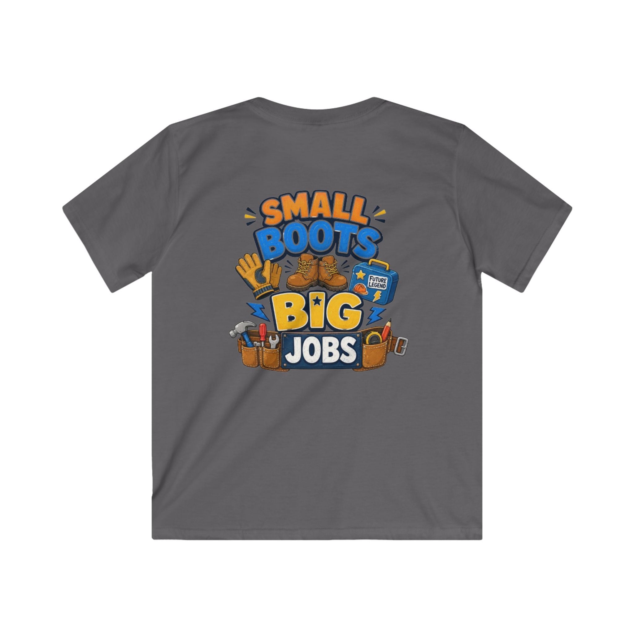 Kids Tee — "Small Boots Big Jobs" Construction Graphic Shirt for Young Builders