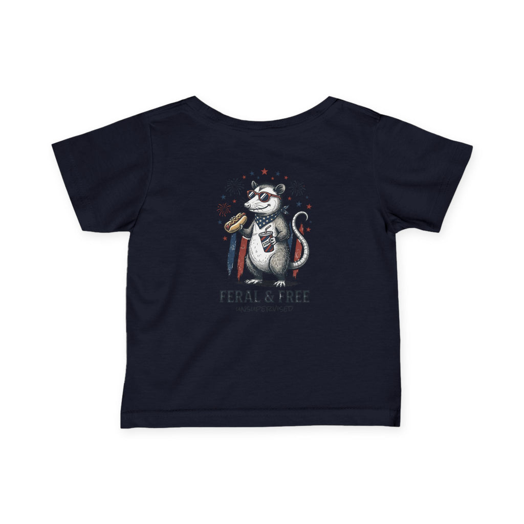 Infant Tee — "Feral & Free" Patriotic Raccoon Baby Shirt