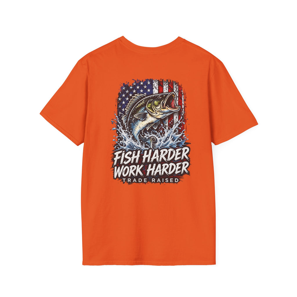 Fish Harder Work Harder T-Shirt — American Flag Bass Fishing Tee