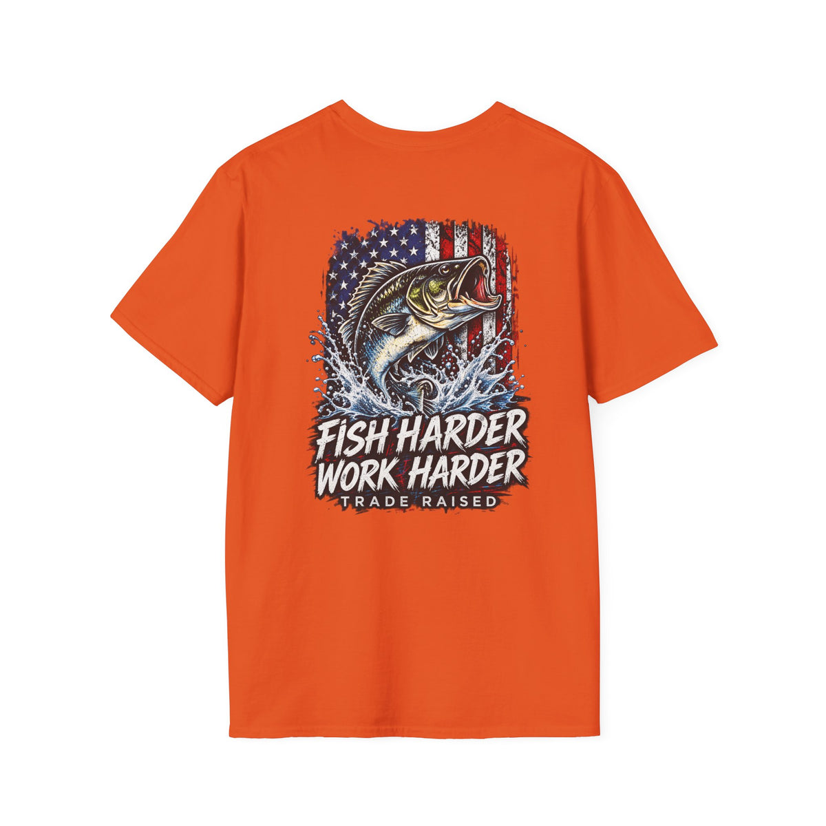 Fish Harder Work Harder T-Shirt — American Flag Bass Fishing Tee