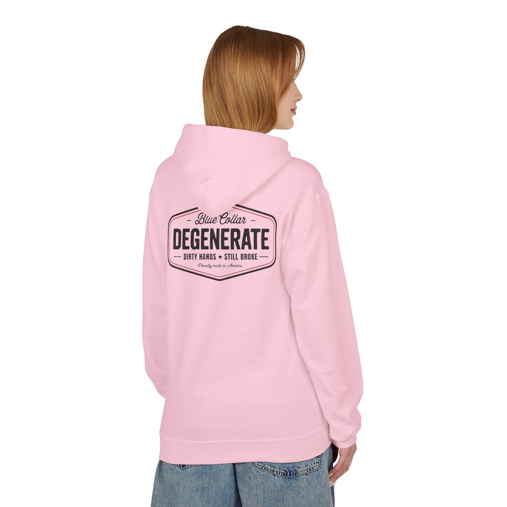 Blue Collar Degenerate Hoodie – "Dirty Hands • Still Broke" Workwear Pullover