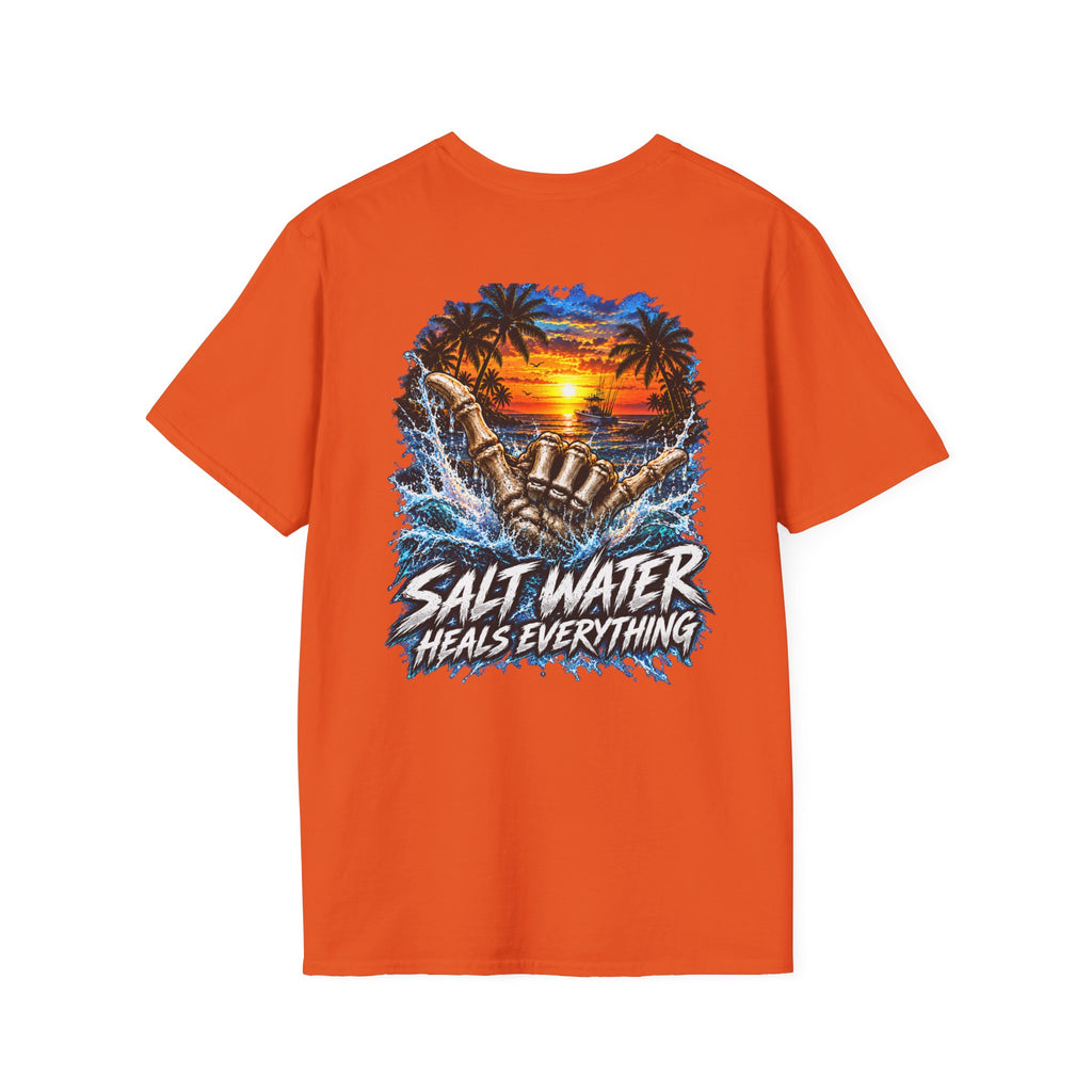 Salt Water Heals Everything T-Shirt — Tropical Sunset Beach Fishing Tee