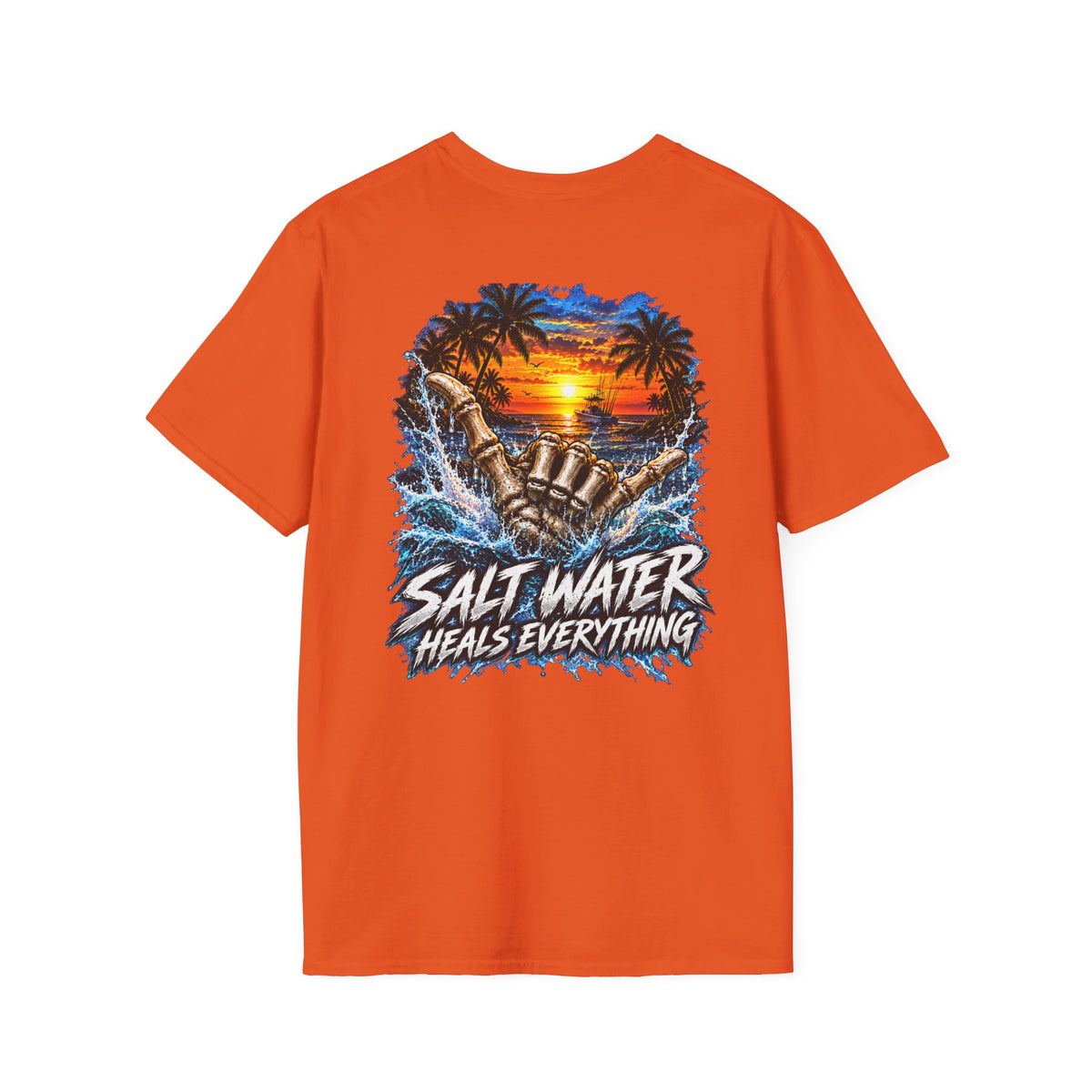 Salt Water Heals Everything T-Shirt — Tropical Sunset Beach Fishing Tee