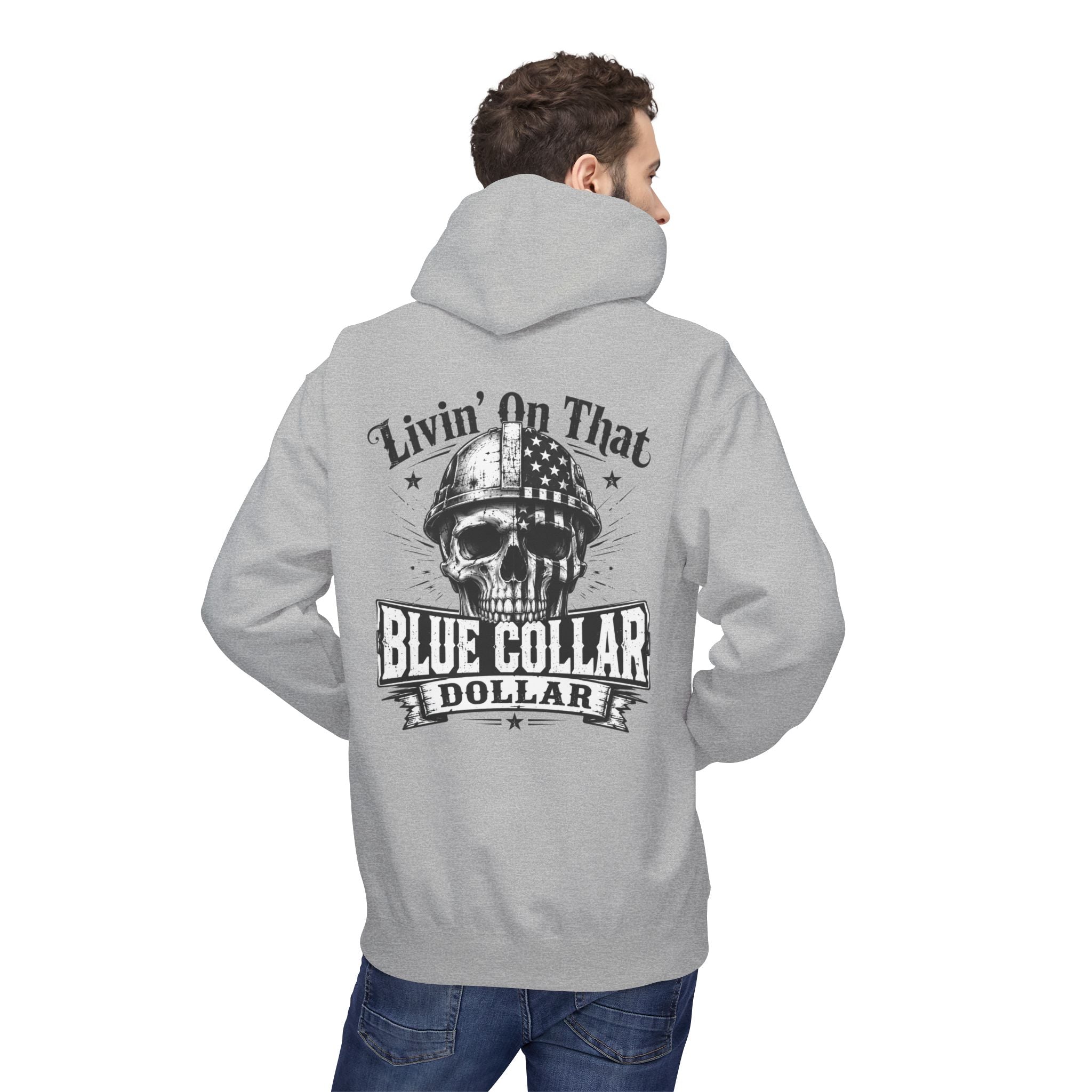 Blue Collar Dollar Hoodie — "Livin' That" Skull Workwear Pullover