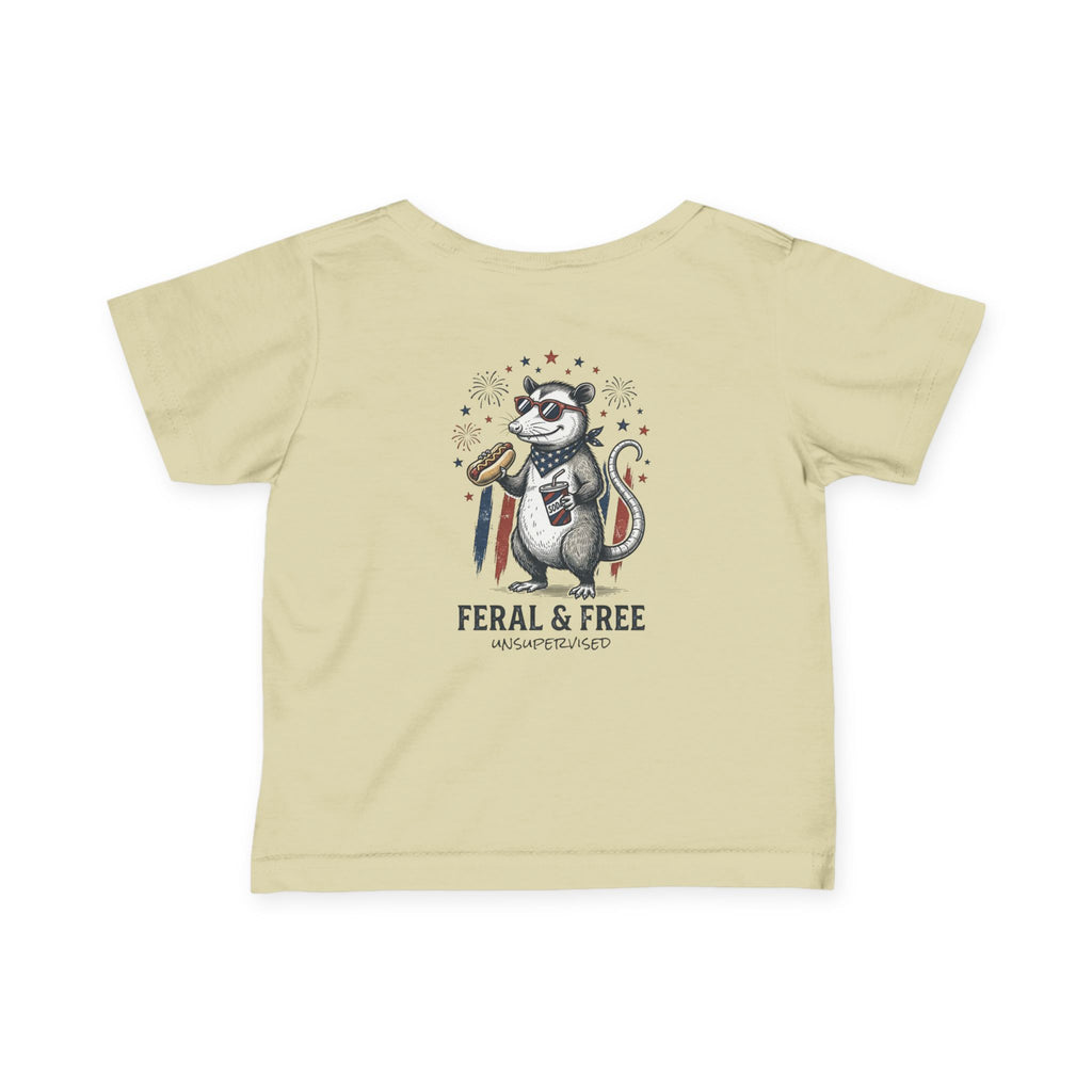 Infant Tee — "Feral & Free" Patriotic Raccoon Baby Shirt