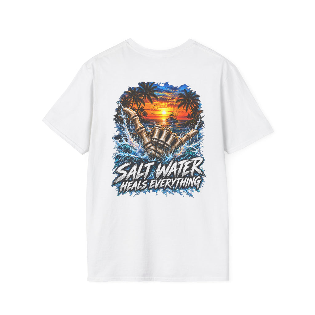 Salt Water Heals Everything T-Shirt — Tropical Sunset Beach Fishing Tee
