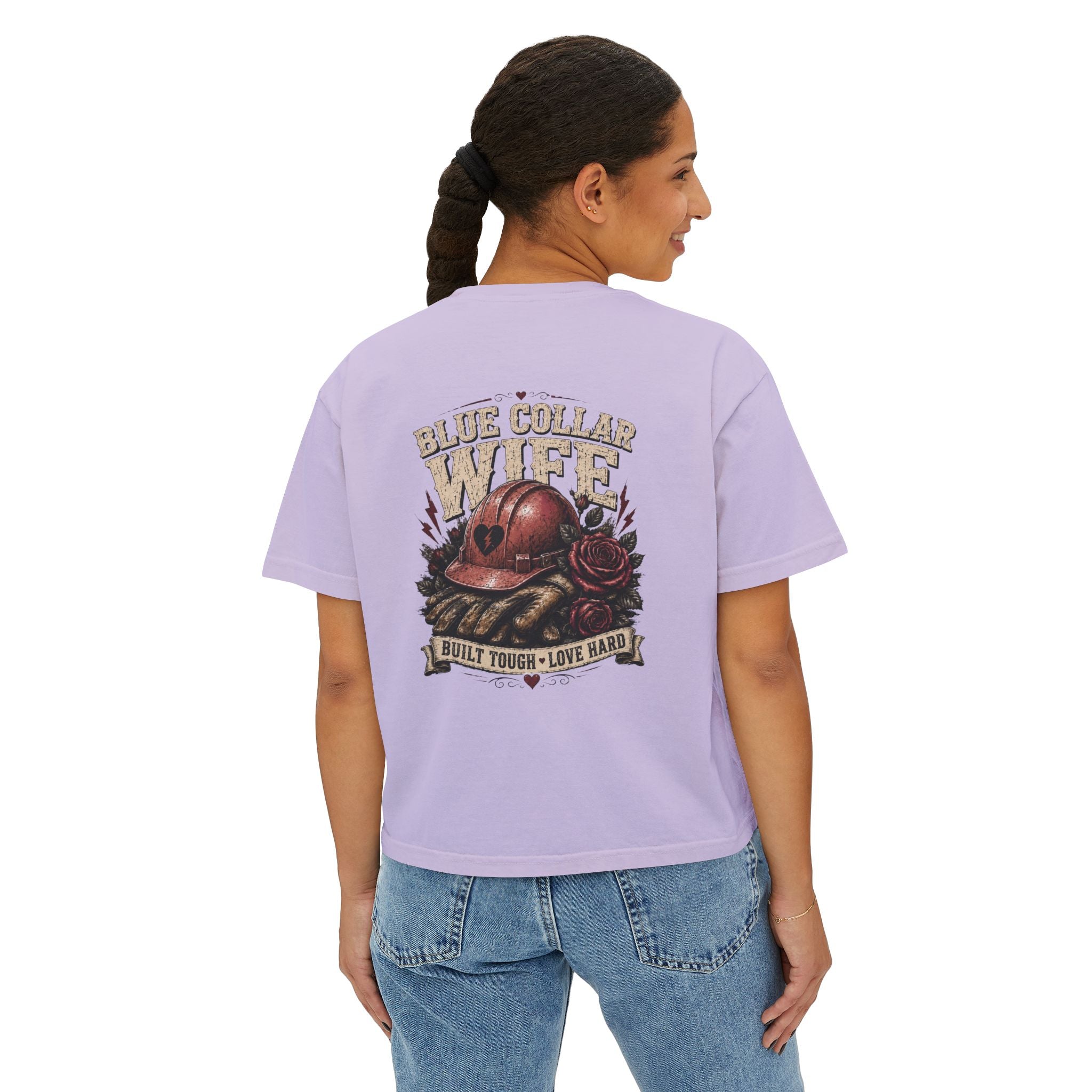 Blue Collar Wife Boxy Tee — "Built Tough, Love Hard" Vintage Worker Wife Shirt