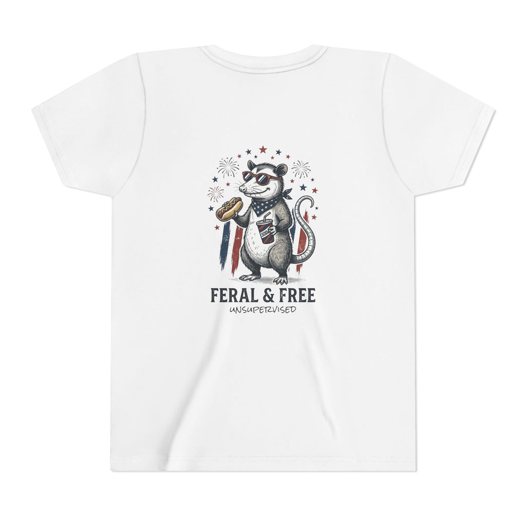 Youth Tee — "Feral & Free" Patriotic Possum Kids' Short Sleeve T-Shirt