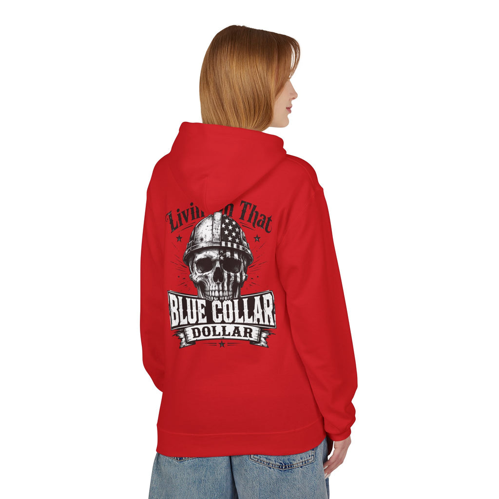 Blue Collar Dollar Hoodie — "Livin' That" Skull Workwear Pullover