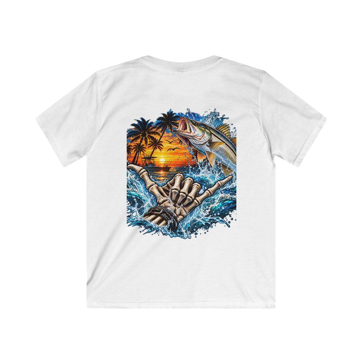 Kids Tee — Tropical Fishing Sunset Graphic (Back) with Small Front Logo
