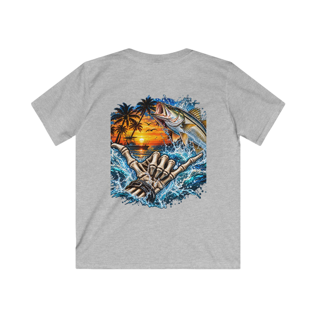 Kids Tee — Tropical Fishing Sunset Graphic (Back) with Small Front Logo