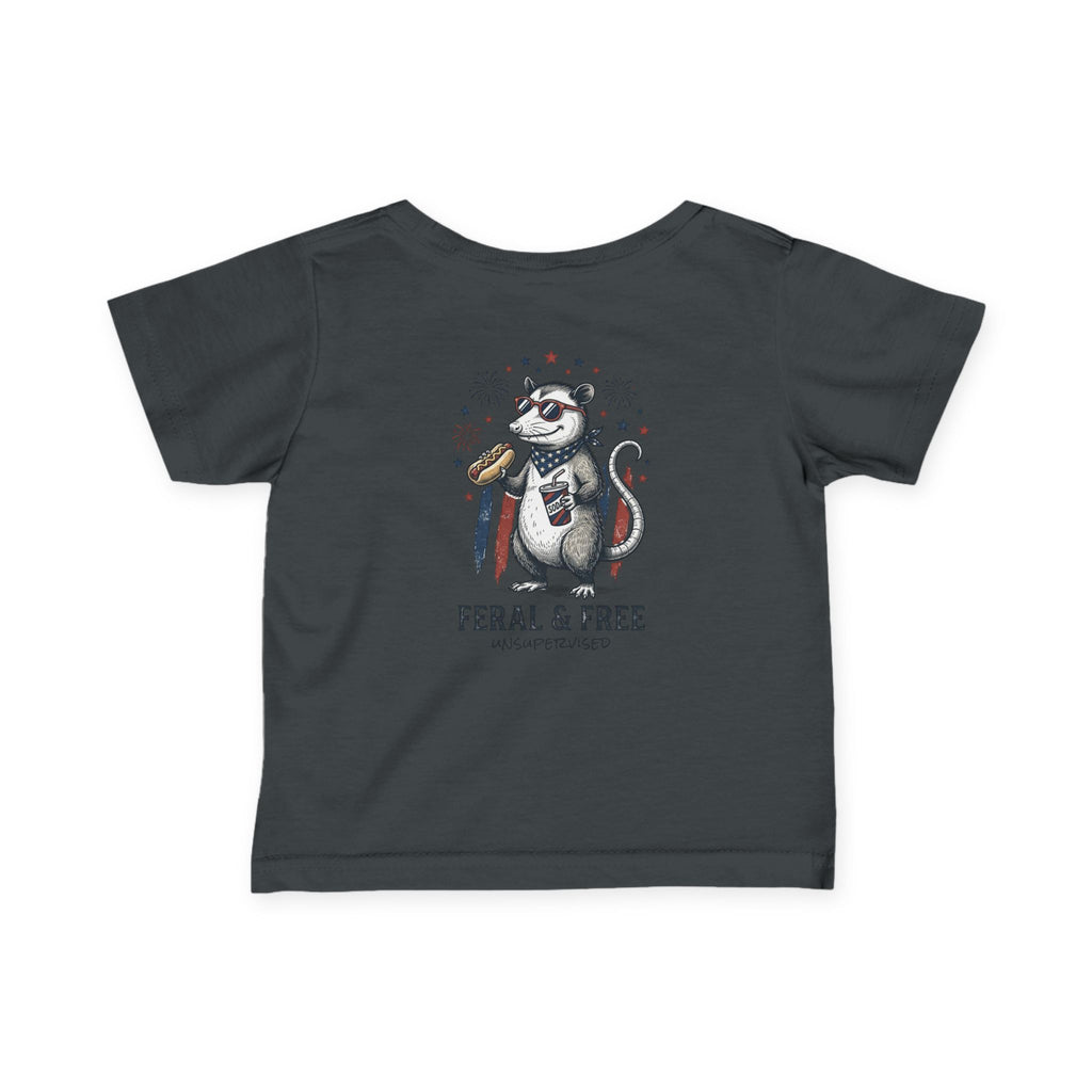 Infant Tee — "Feral & Free" Patriotic Raccoon Baby Shirt
