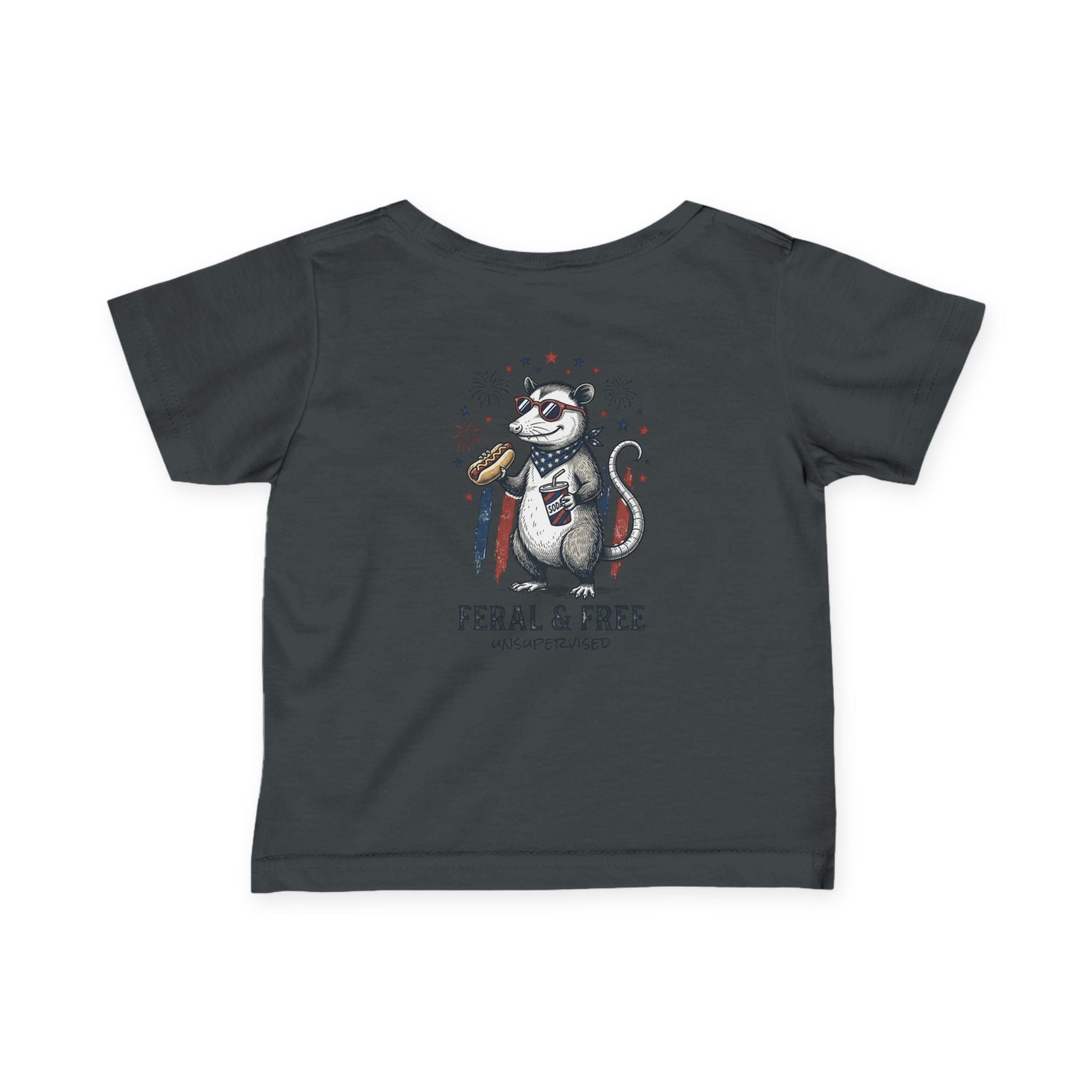 Infant Tee — "Feral & Free" Patriotic Raccoon Baby Shirt