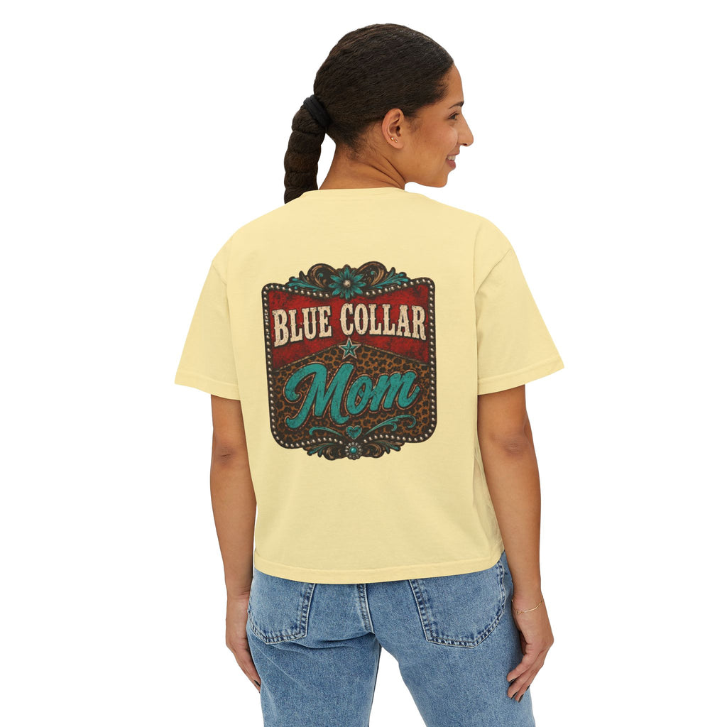 Blue Collar Mom Boxy Tee — Rustic Western Graphic Women’s T‑Shirt