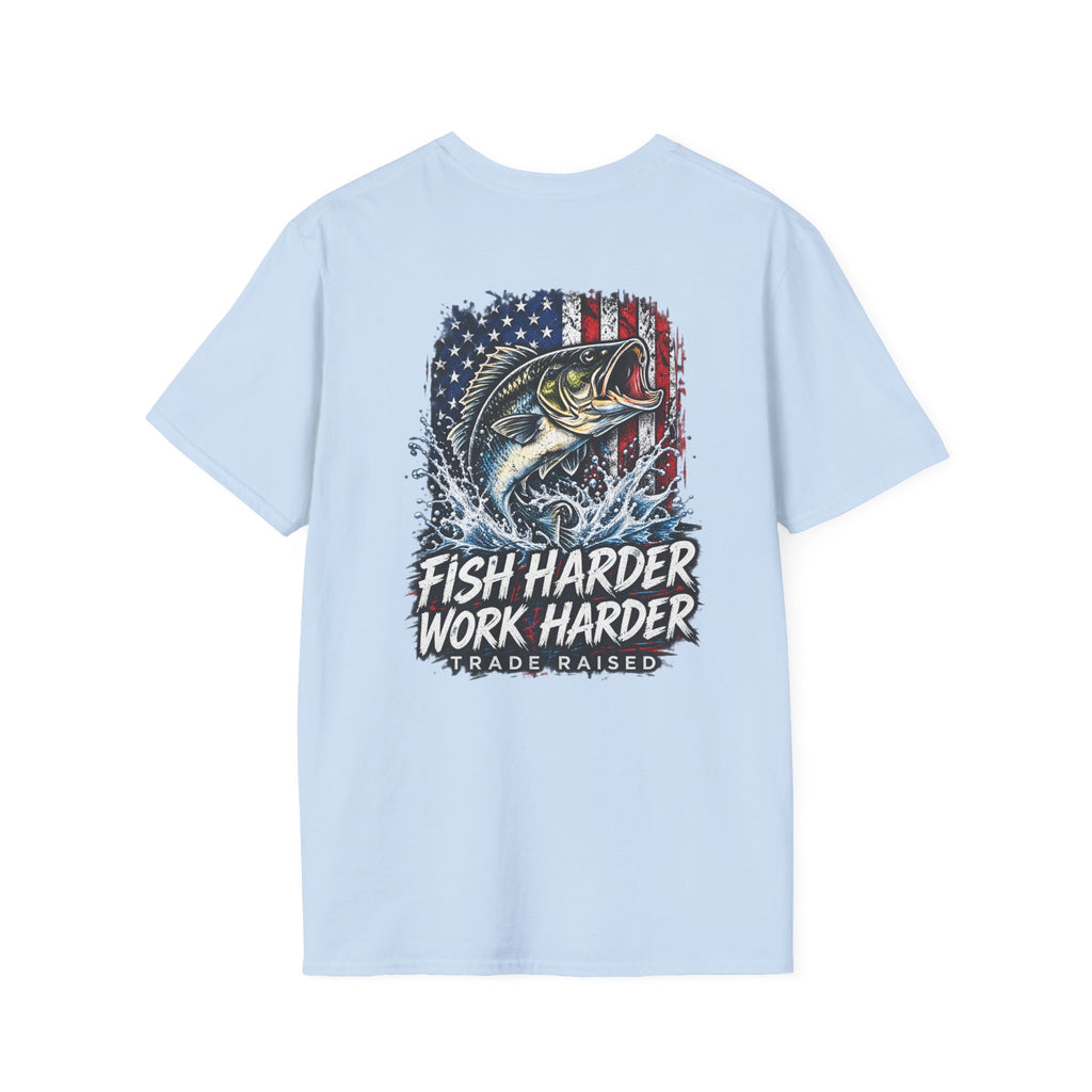 Fish Harder Work Harder T-Shirt — American Flag Bass Fishing Tee