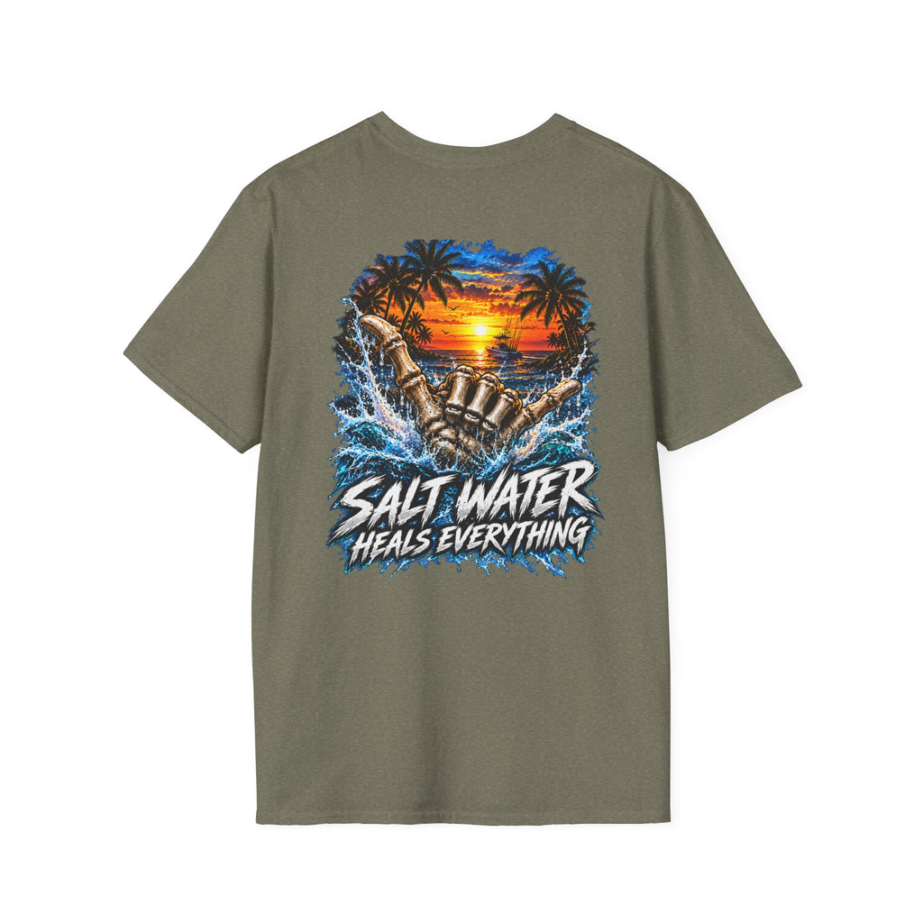 Salt Water Heals Everything T-Shirt — Tropical Sunset Beach Fishing Tee