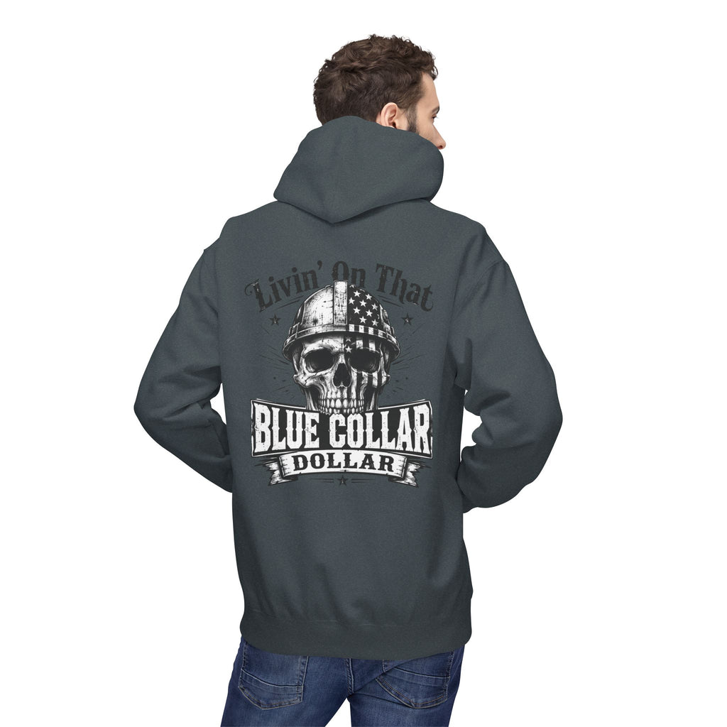 Blue Collar Dollar Hoodie — "Livin' That" Skull Workwear Pullover