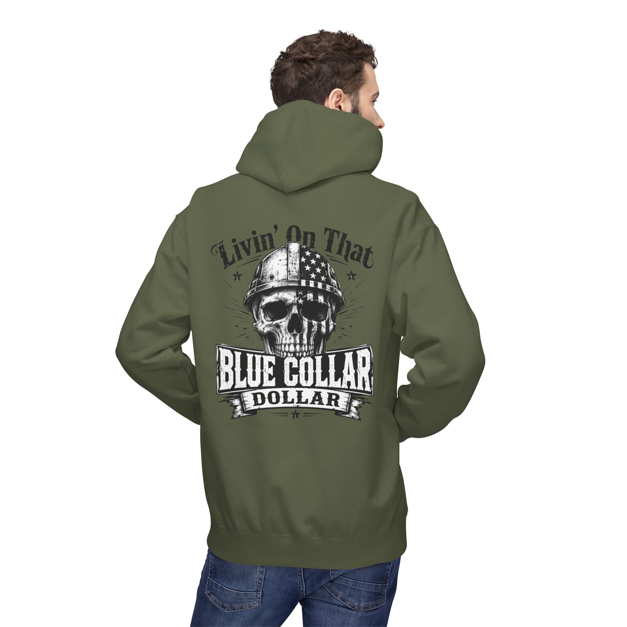 Blue Collar Dollar Hoodie — "Livin' That" Skull Workwear Pullover