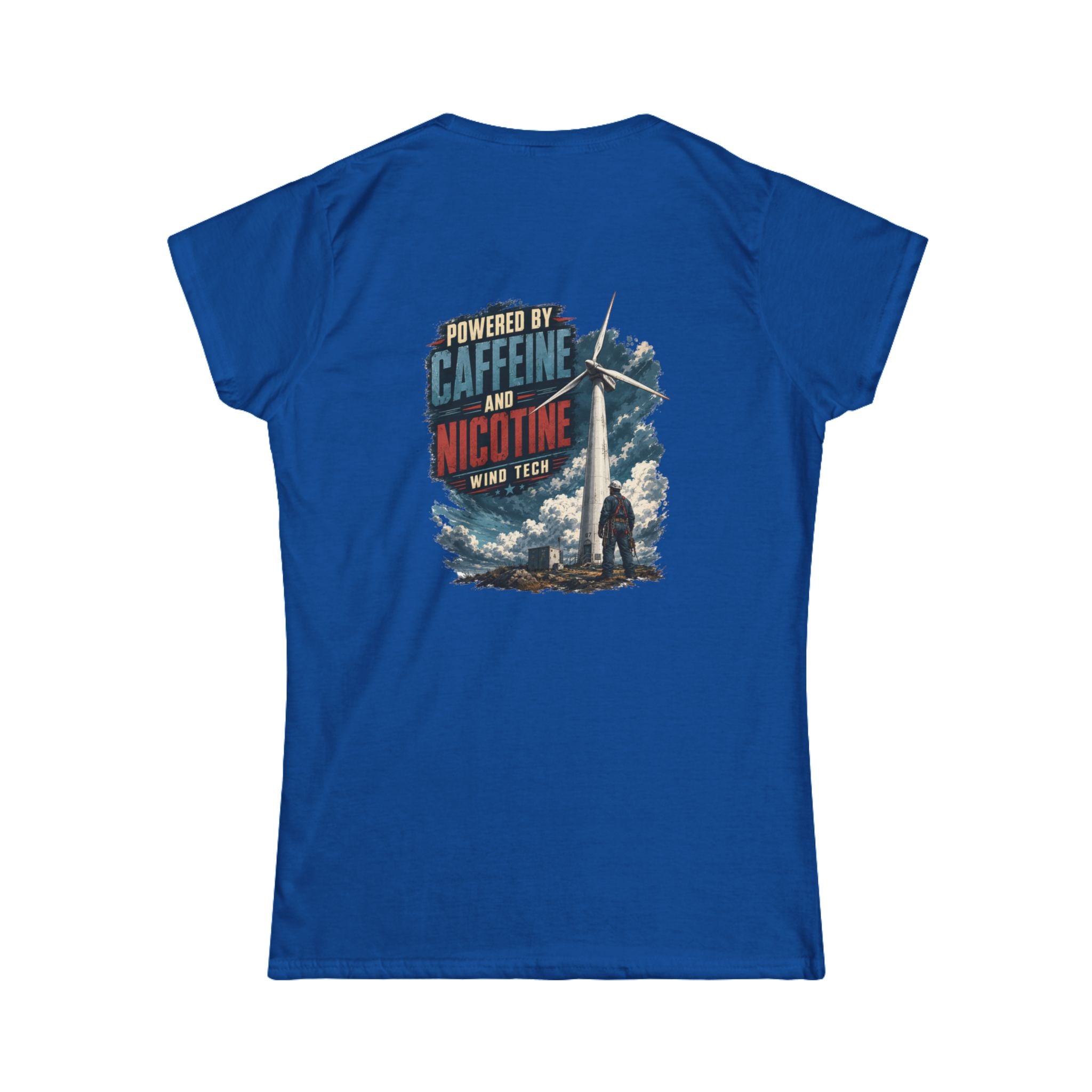 Women's Tee — "Powered by Caffeine and Nicotine" Retro Graphic Chest & Back