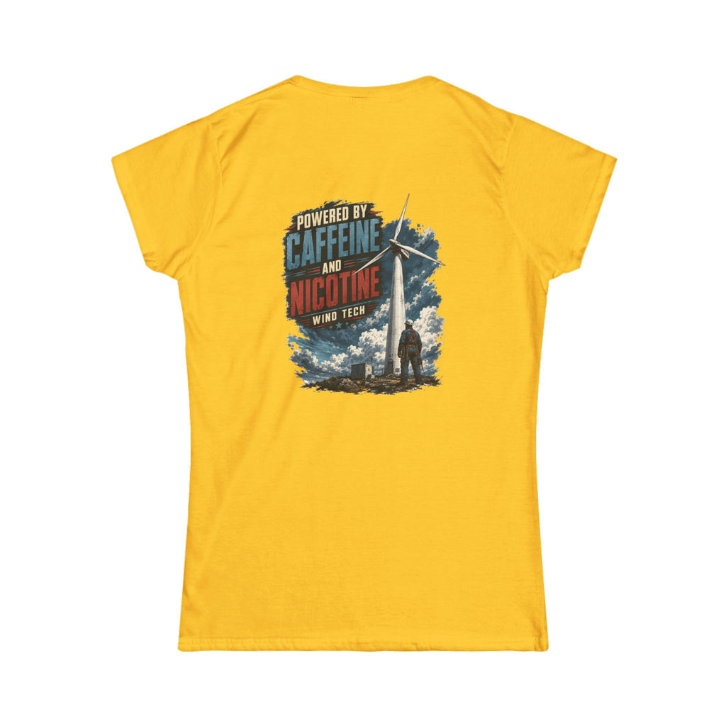 Women's Tee — "Powered by Caffeine and Nicotine" Retro Graphic Chest & Back