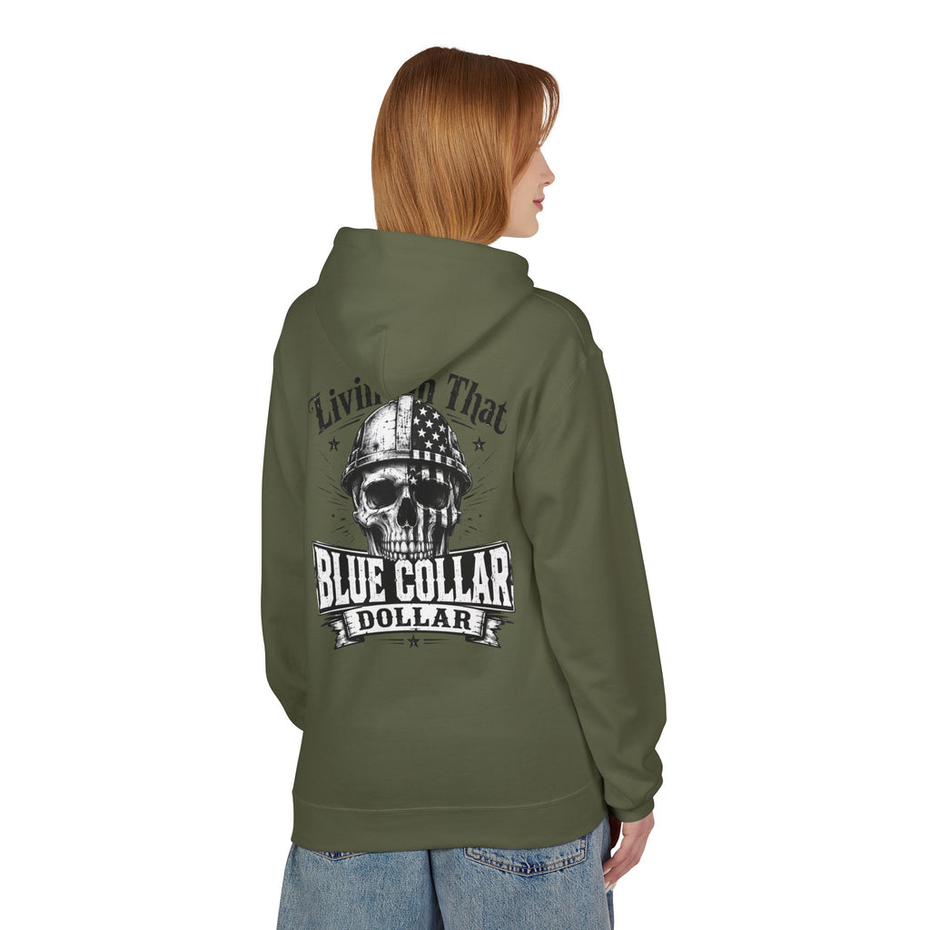 Blue Collar Dollar Hoodie — "Livin' That" Skull Workwear Pullover