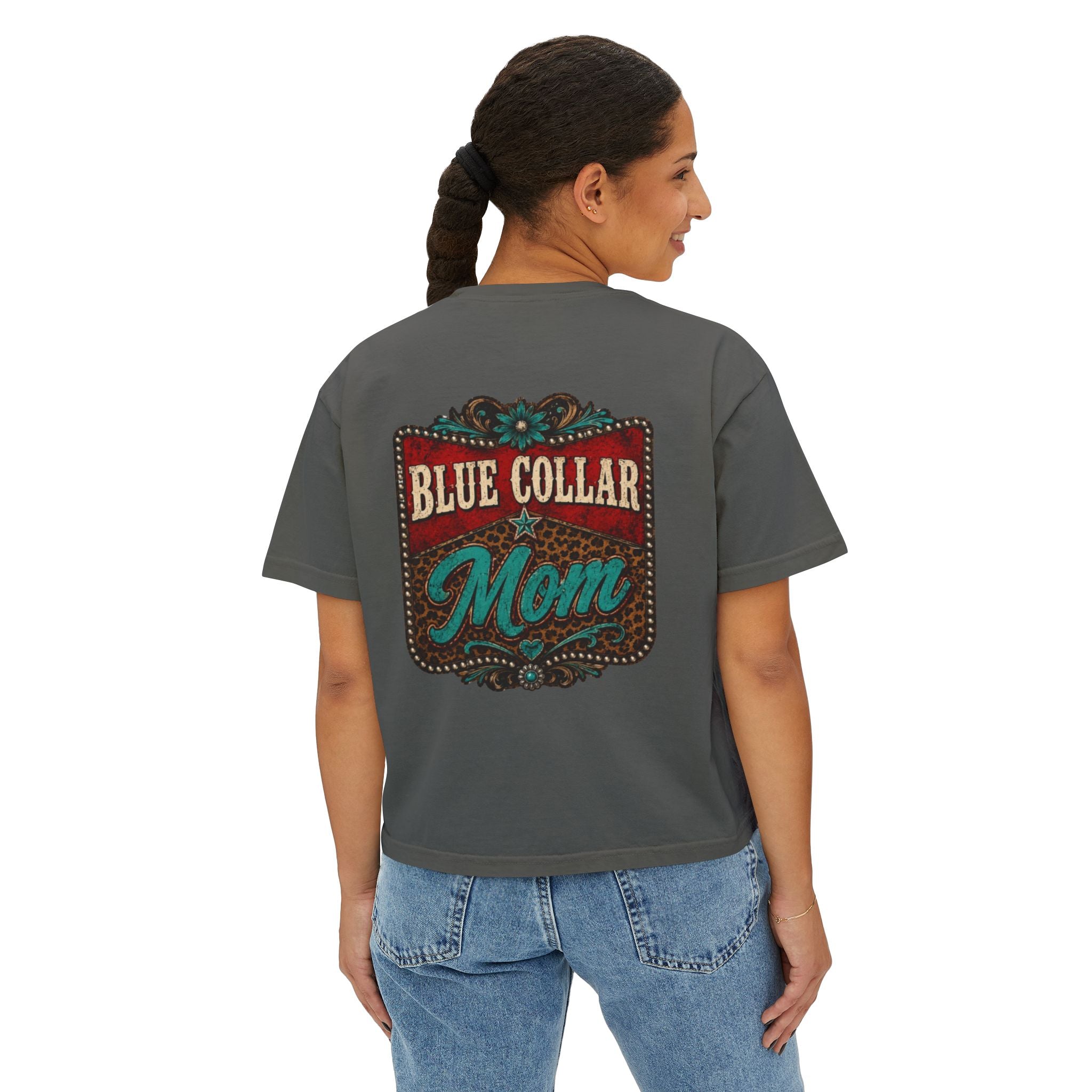 Blue Collar Mom Boxy Tee — Rustic Western Graphic Women’s T‑Shirt
