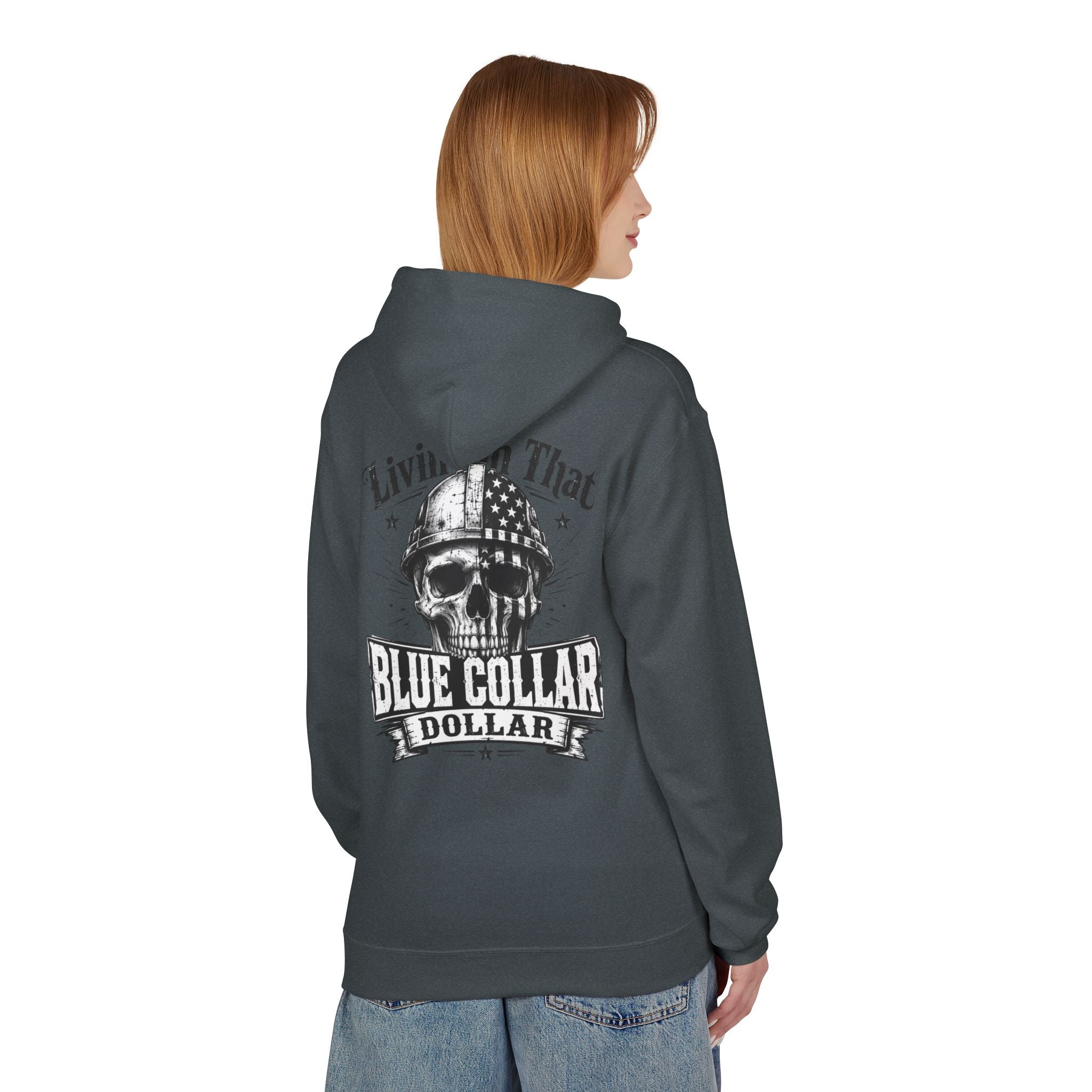 Blue Collar Dollar Hoodie — "Livin' That" Skull Workwear Pullover