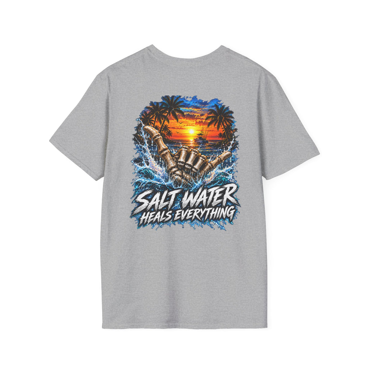 Salt Water Heals Everything T-Shirt — Tropical Sunset Beach Fishing Tee