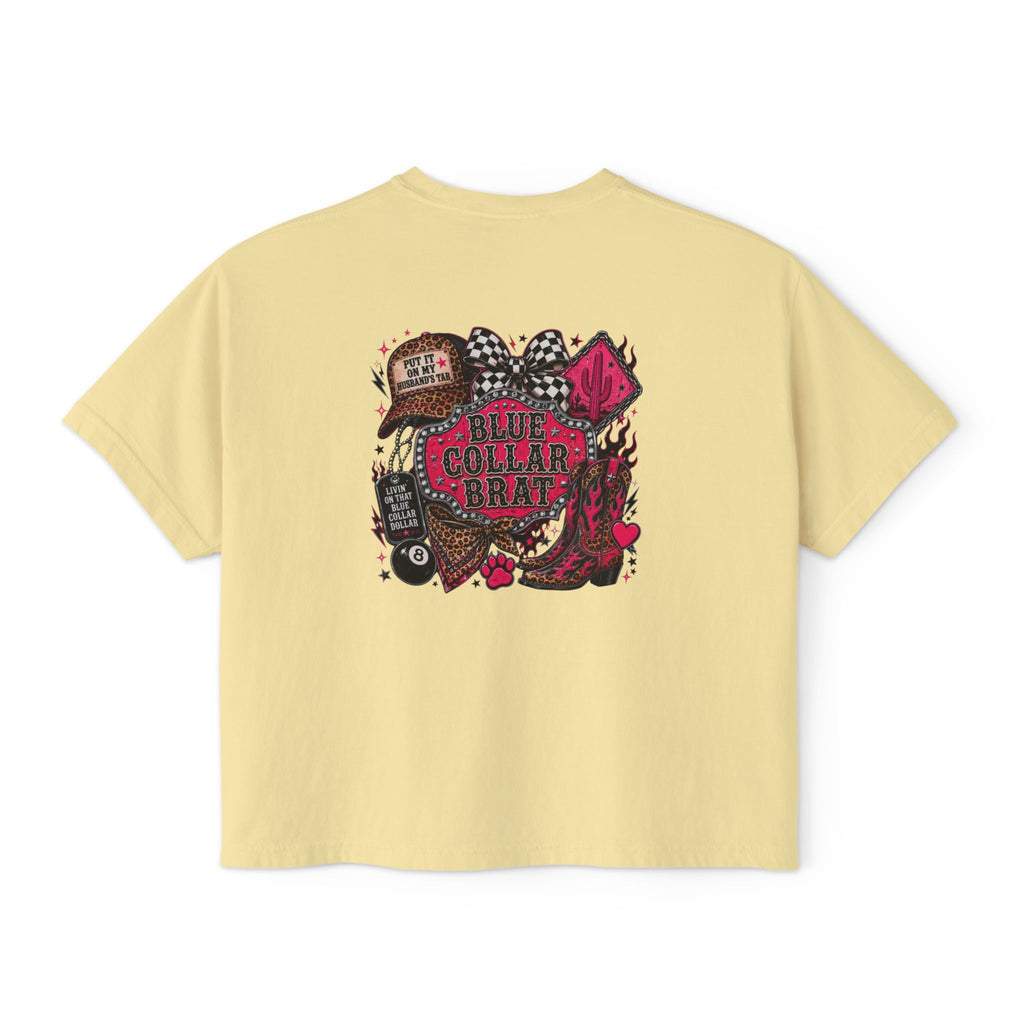 Blue Collar Brat Women's Boxy Tee — Retro Workwear Graphic Crop T-Shirt