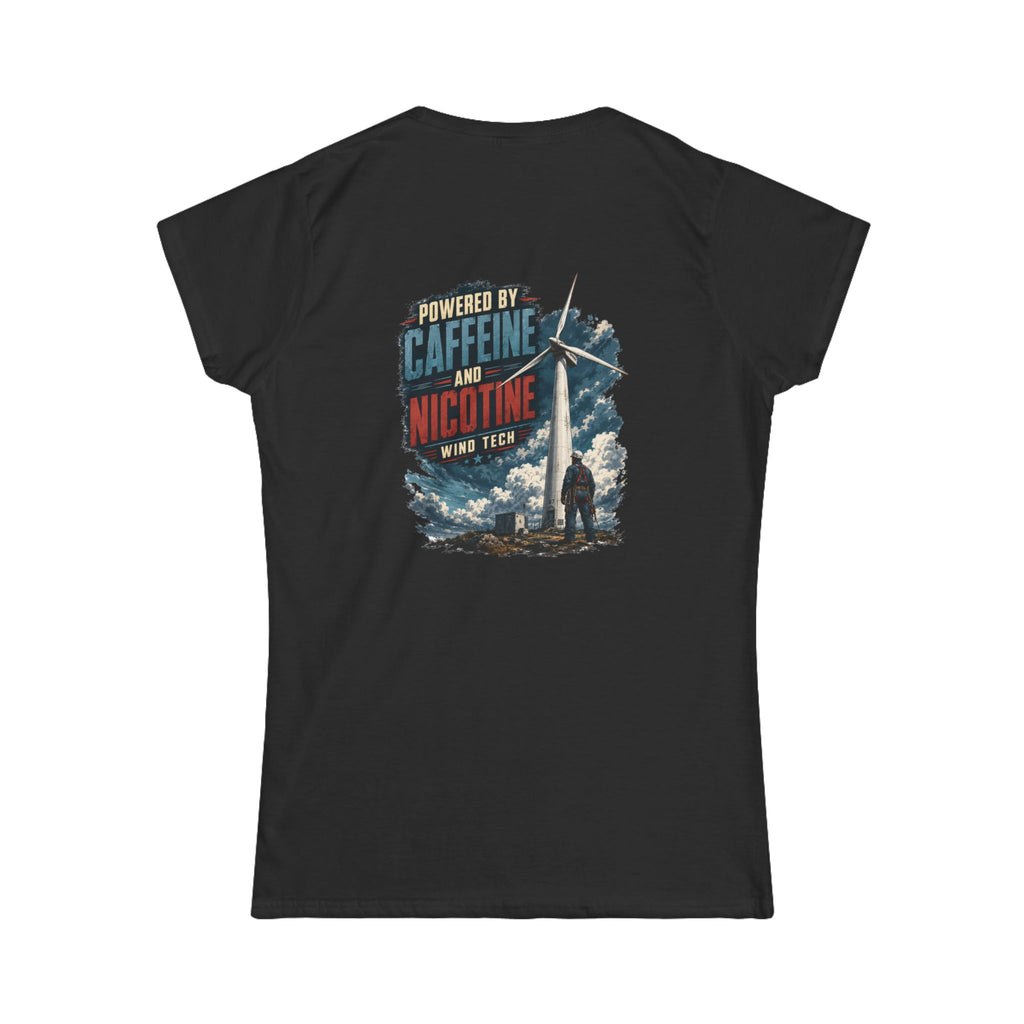 Women's Tee — "Powered by Caffeine and Nicotine" Retro Graphic Chest & Back