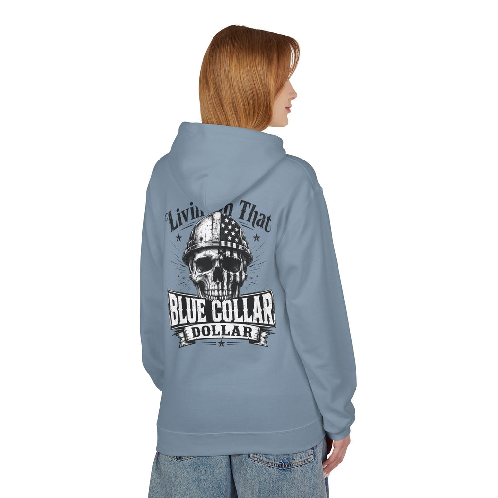 Blue Collar Dollar Hoodie — "Livin' That" Skull Workwear Pullover