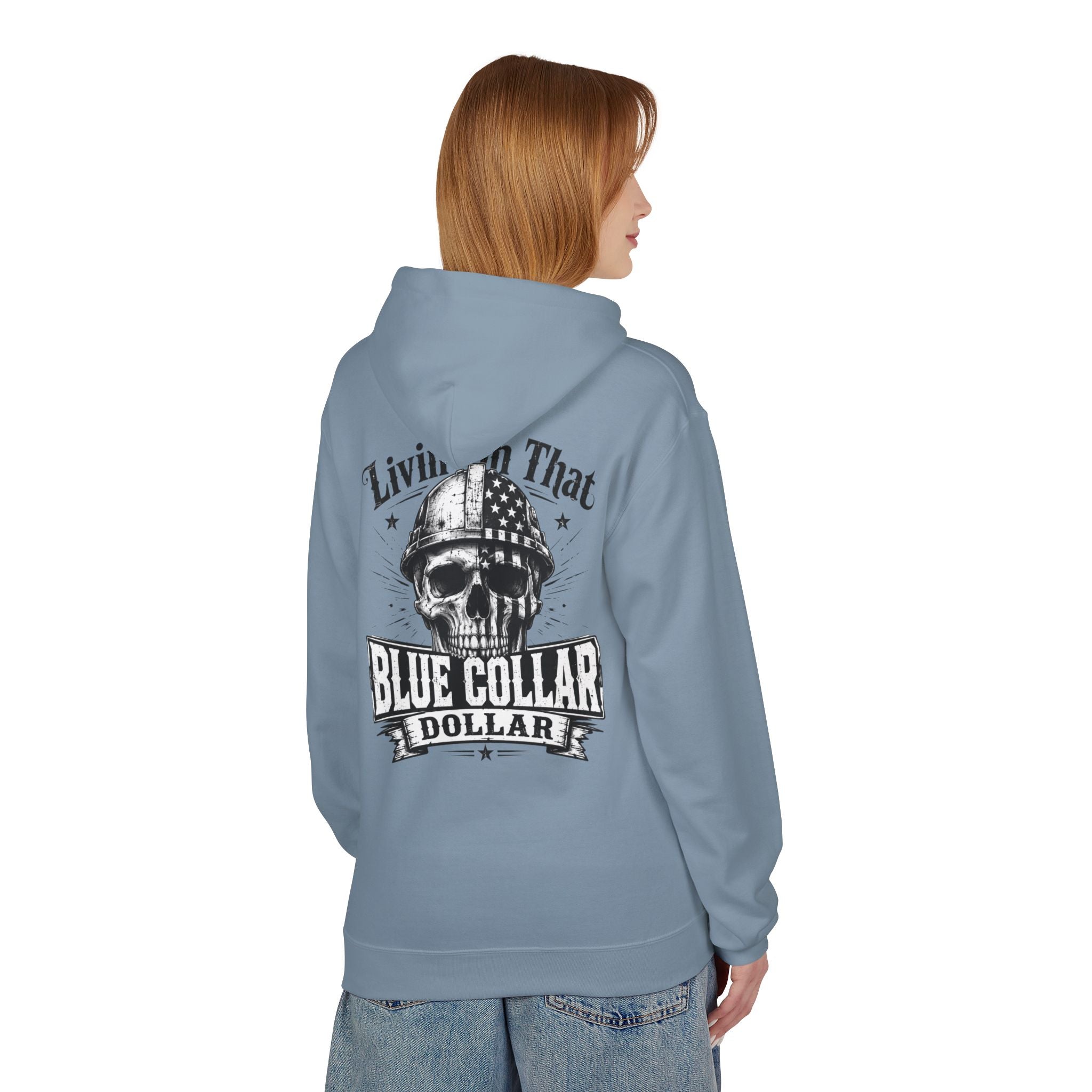 Blue Collar Dollar Hoodie — "Livin' That" Skull Workwear Pullover