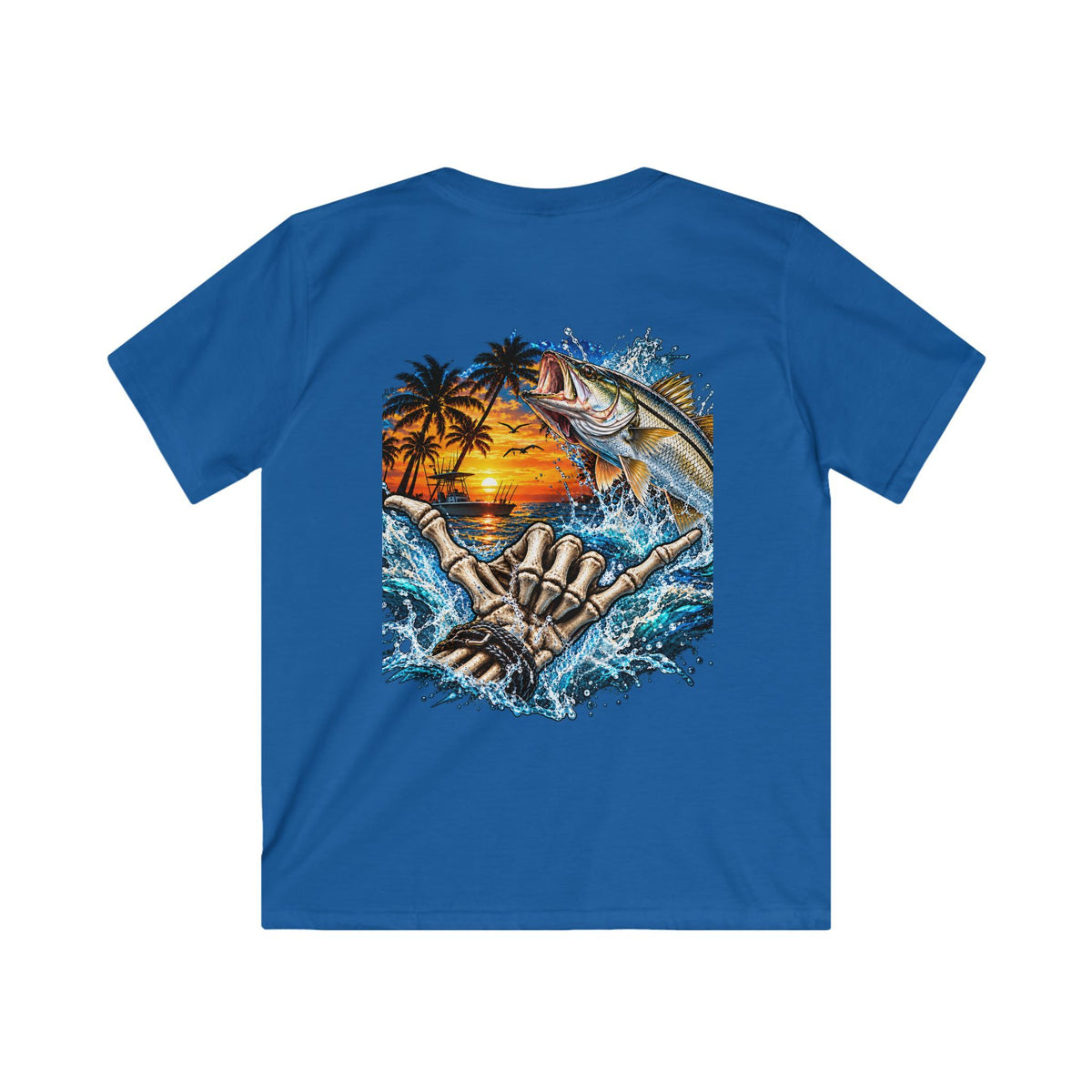 Kids Tee — Tropical Fishing Sunset Graphic (Back) with Small Front Logo