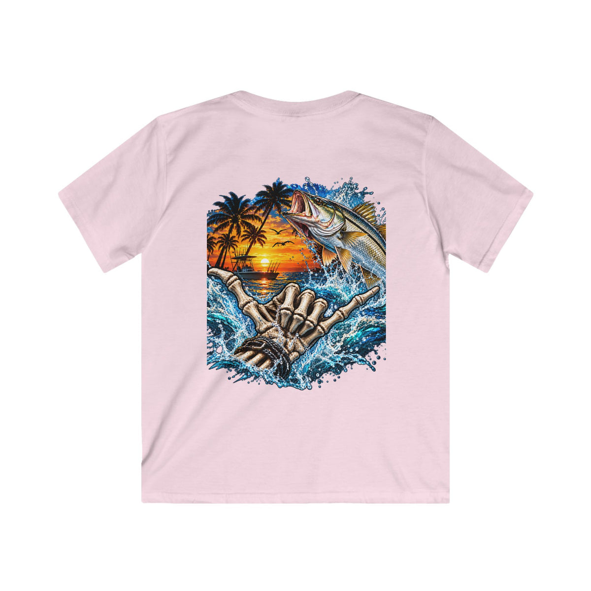 Kids Tee — Tropical Fishing Sunset Graphic (Back) with Small Front Logo