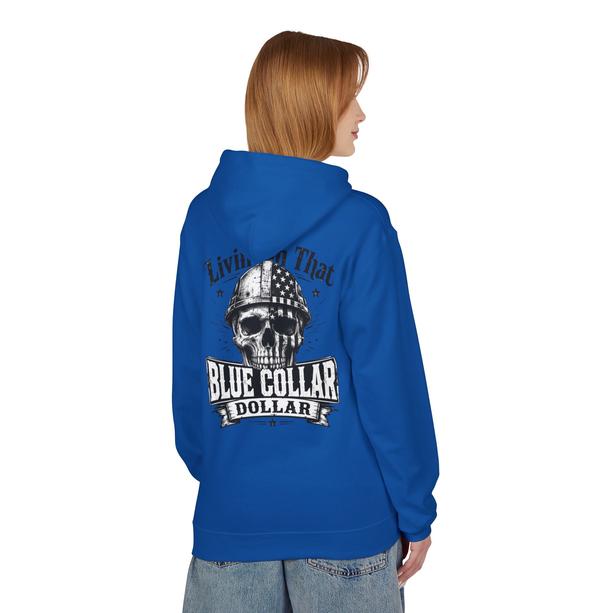 Blue Collar Dollar Hoodie — "Livin' That" Skull Workwear Pullover