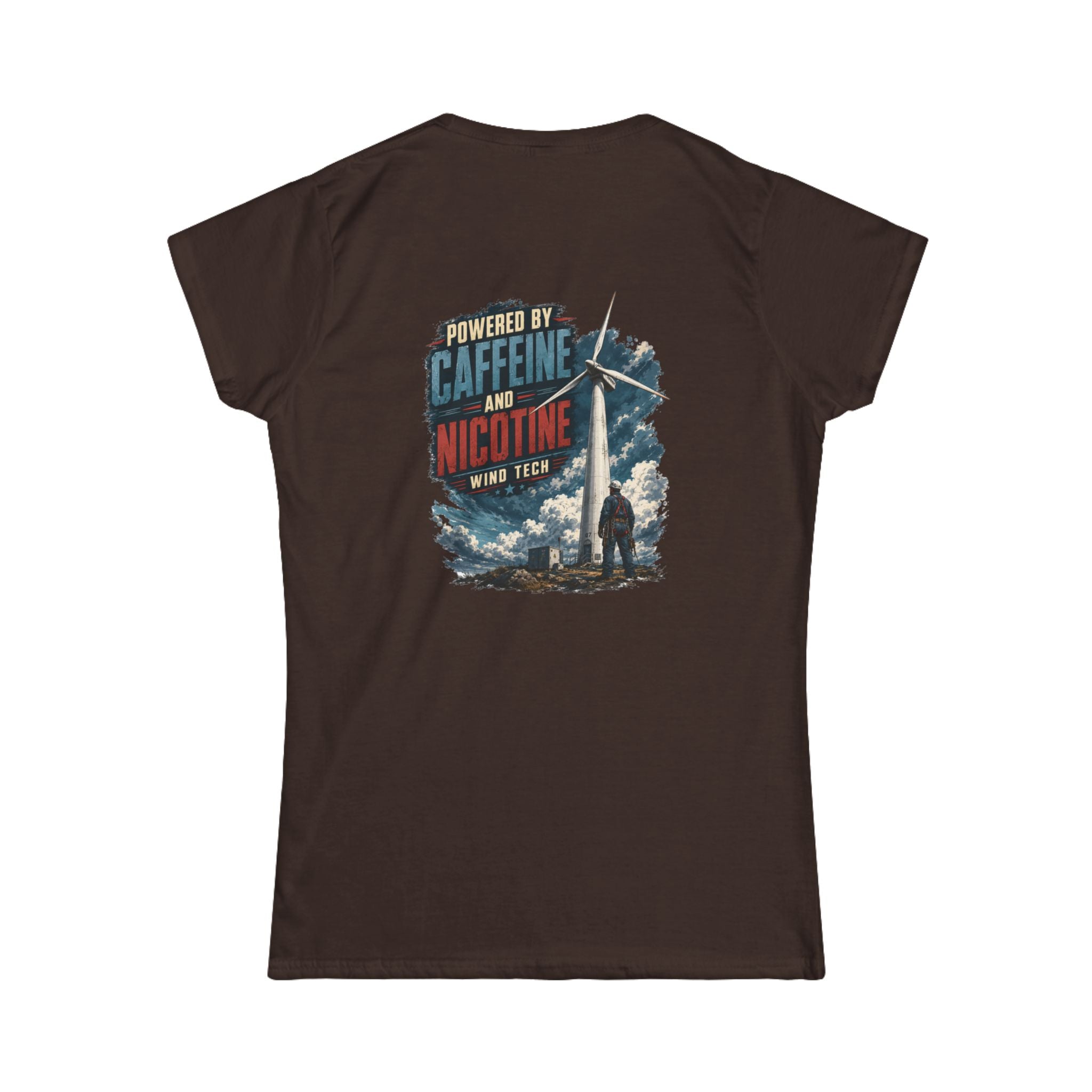 Women's Tee — "Powered by Caffeine and Nicotine" Retro Graphic Chest & Back